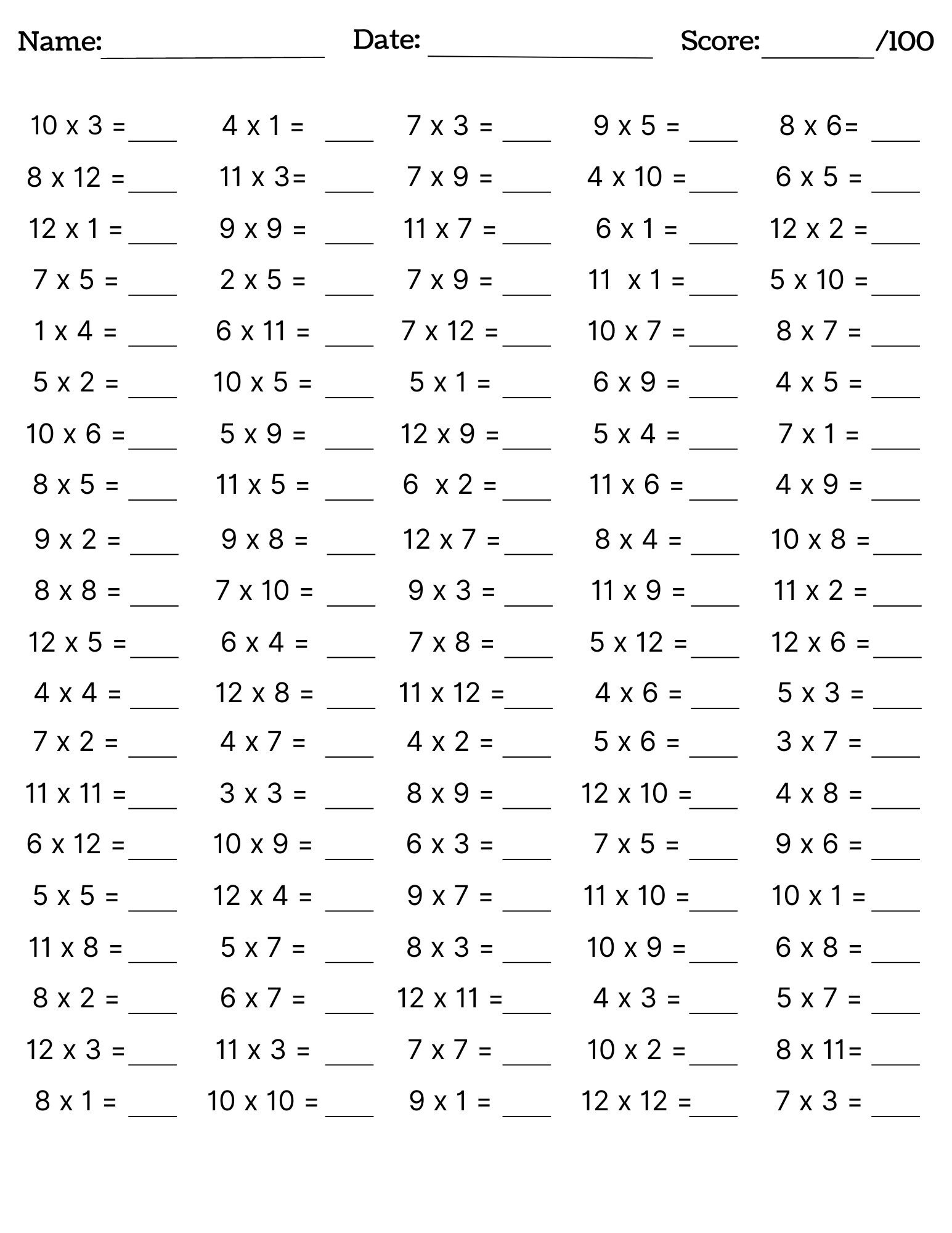 Printable Times Table Worksheets 1-12