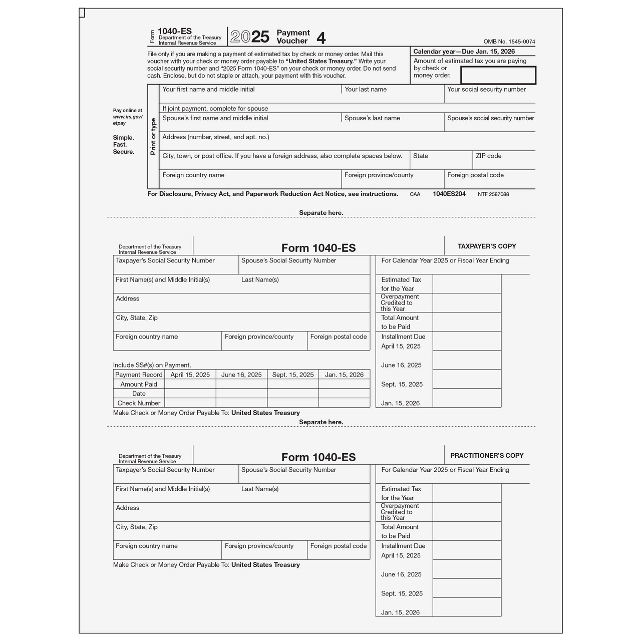 2025 Form 1040-Es Payment Voucher Form