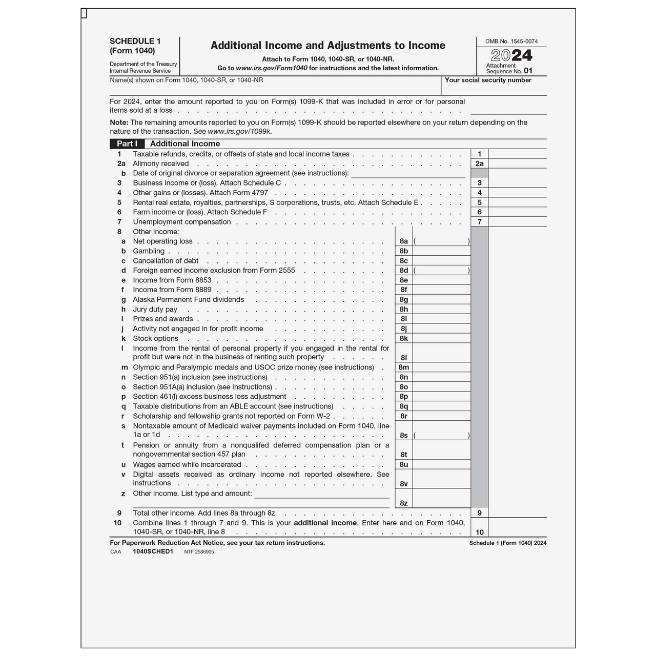 1040SCHED1 Form 1040 Schedule 1 Additional Income And Adjustments Page 1 amp 2 