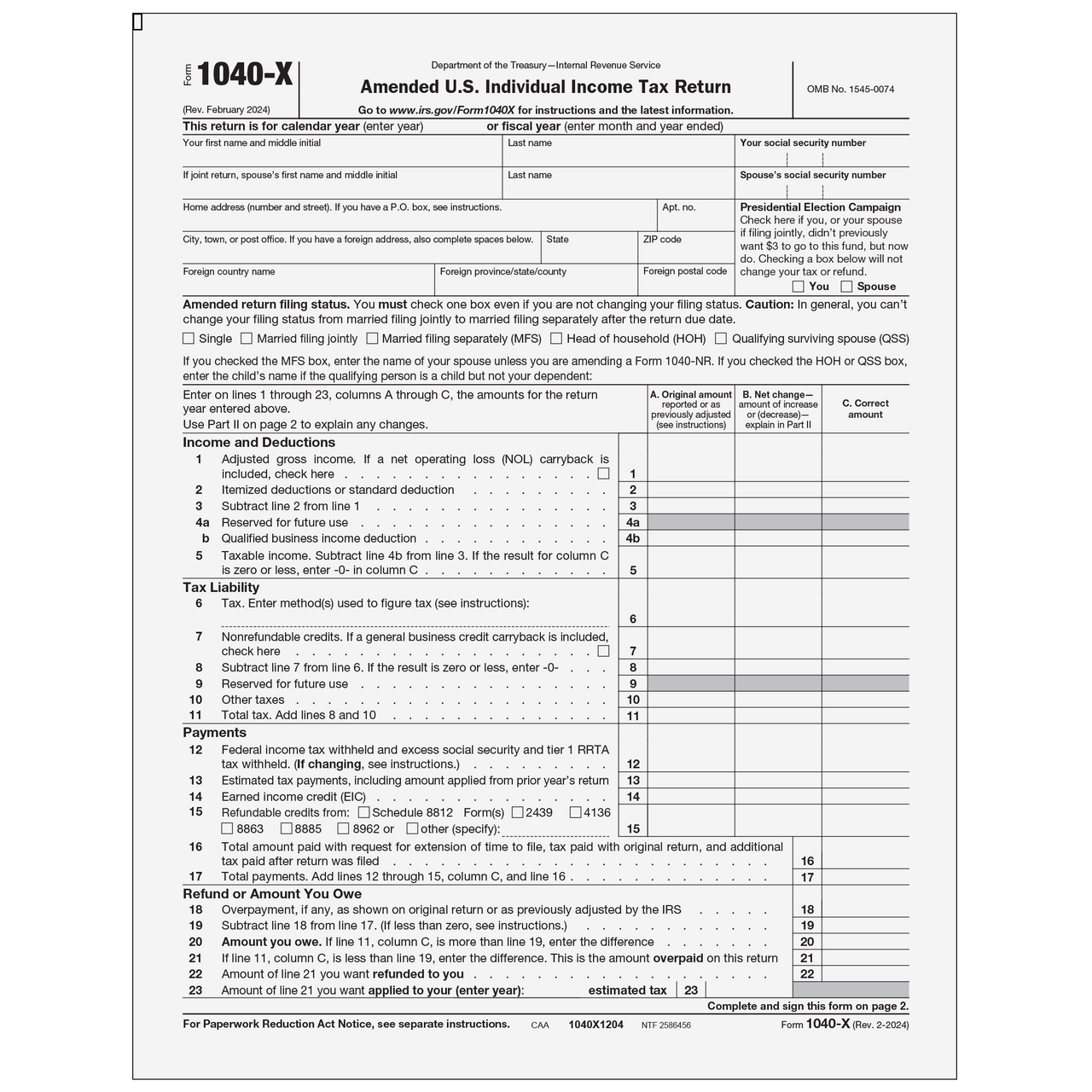 1040X1204 Form 1040 X Amended U S Individual Income Tax Return Page 1 amp 2 