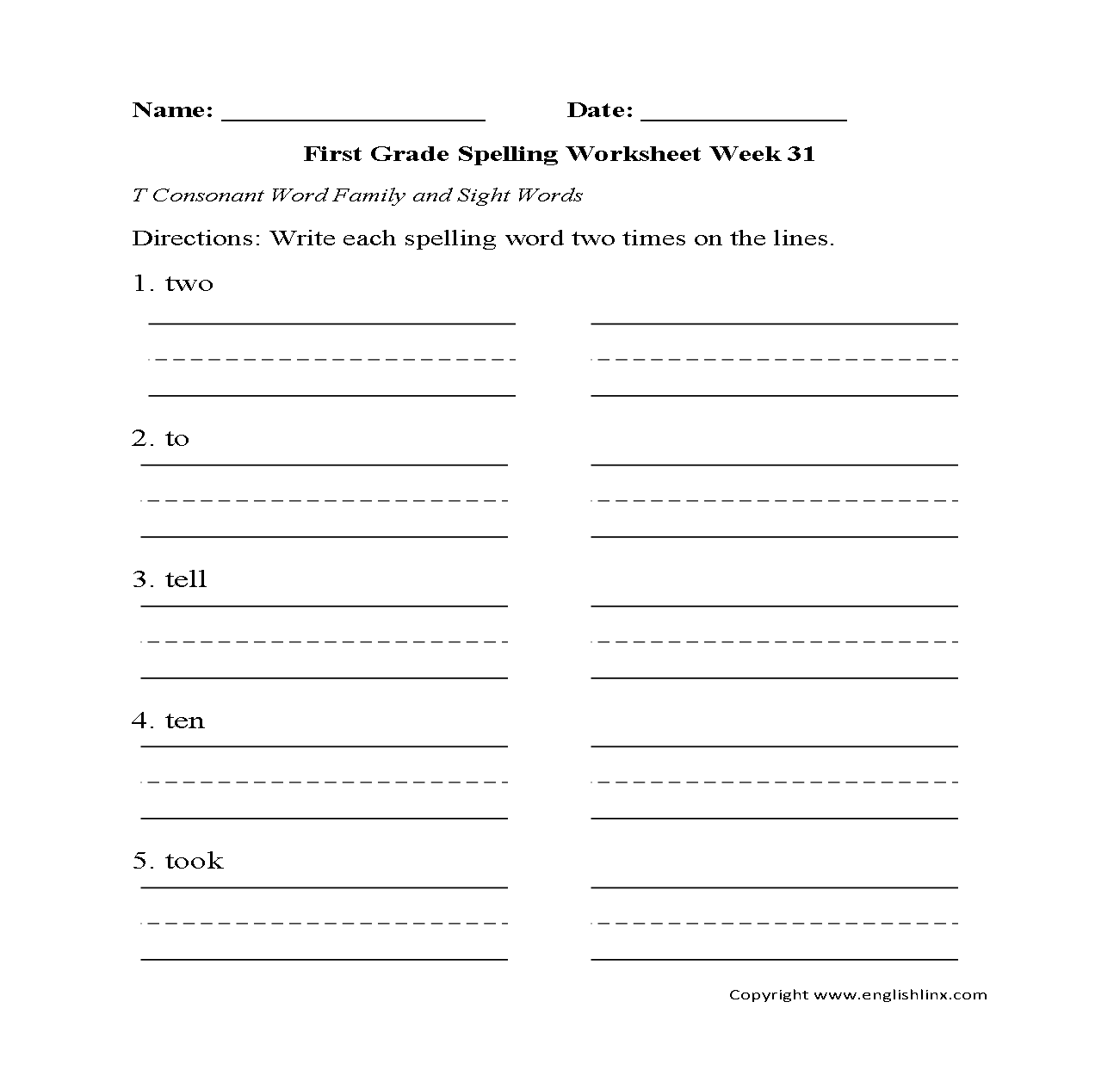 1st Grade Worksheets Free Printable Spelling