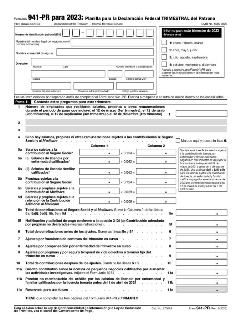 2023 2025 Con Los Campos En Blanco IRS 941 PR El Formulario Se 