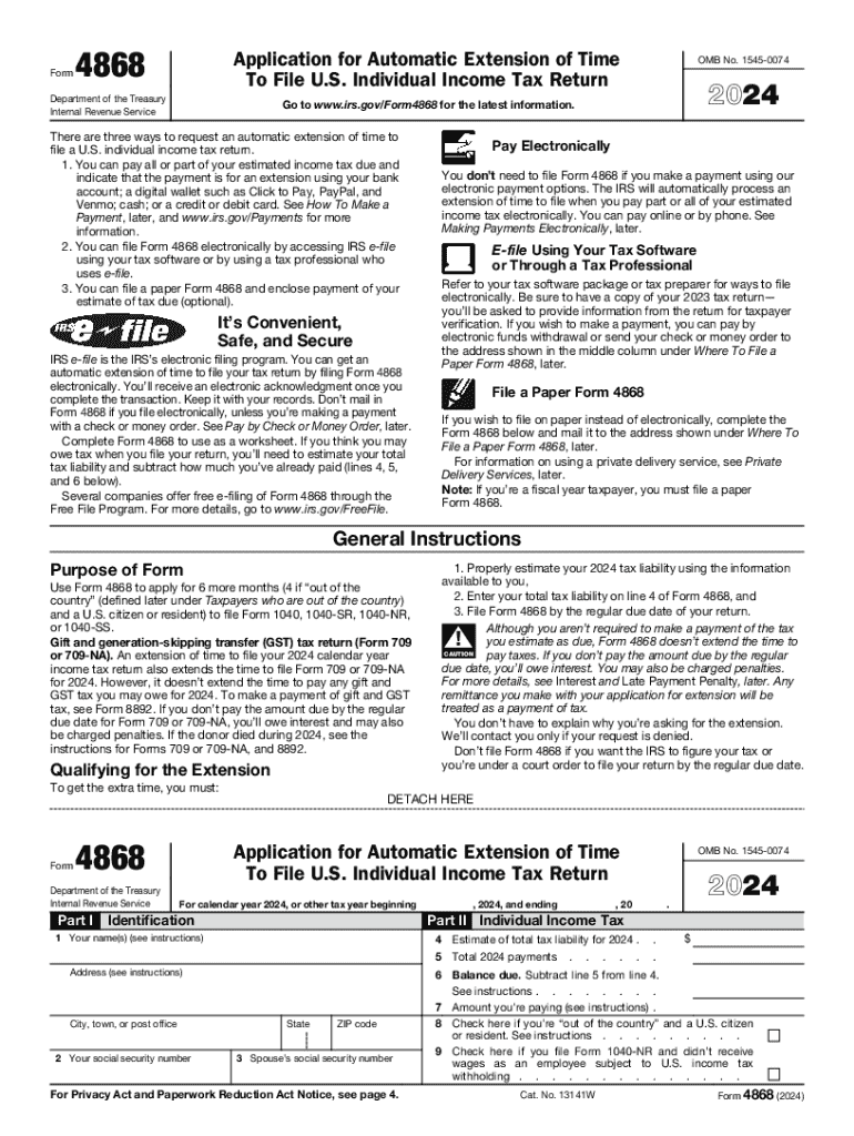 2024 Form IRS 4868 Fill Online Printable Fillable Blank PdfFiller