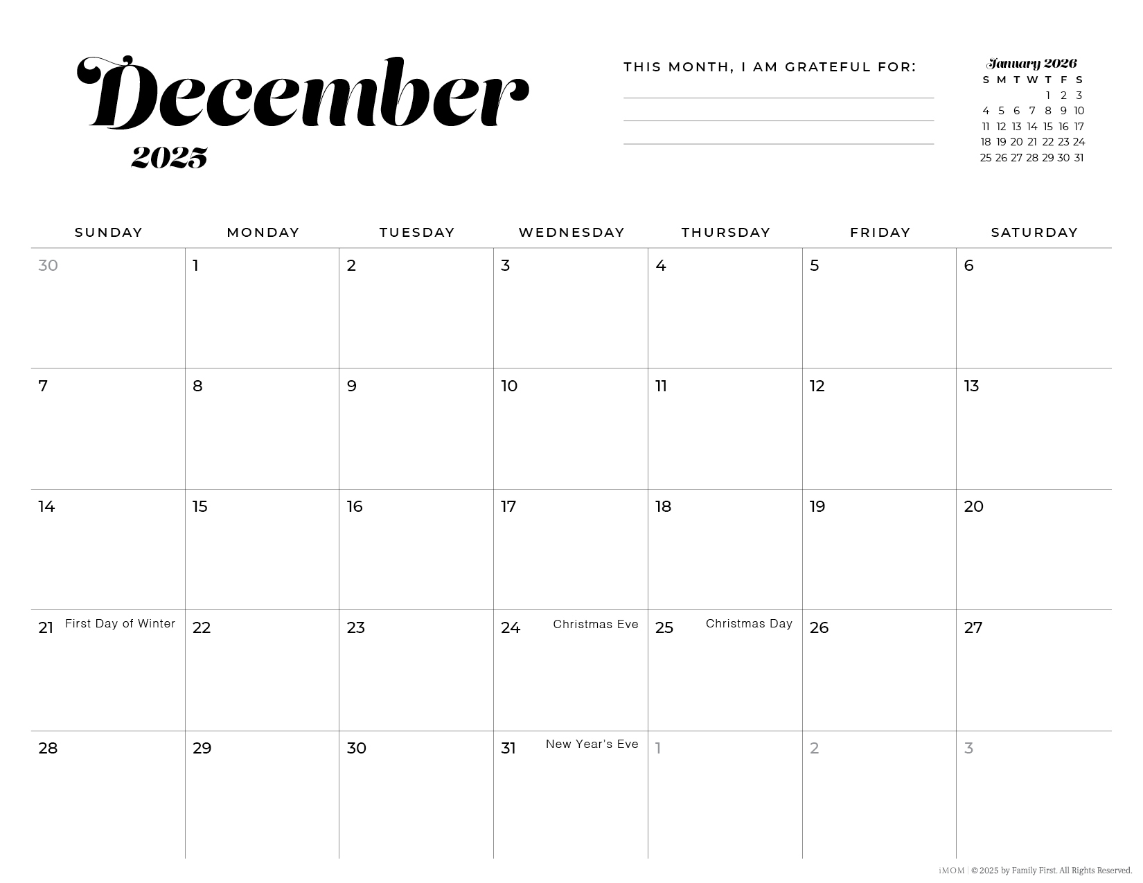 2025 December Calendar Printable Imom