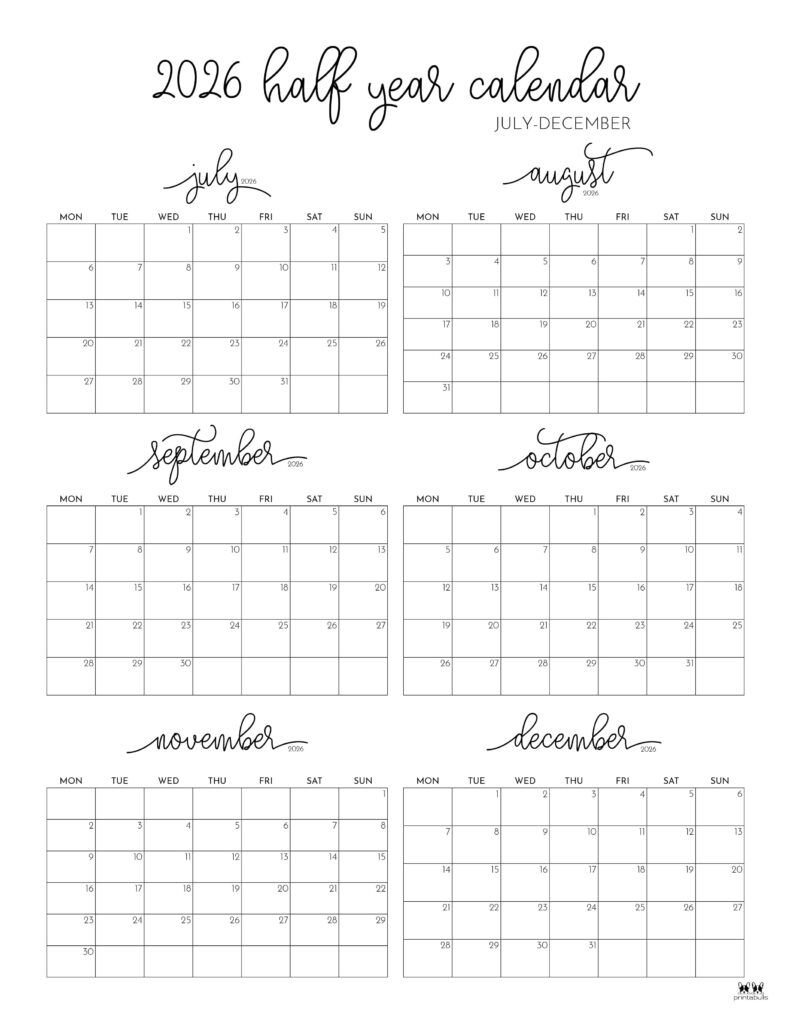 July Through December 2026 Calendar Printable