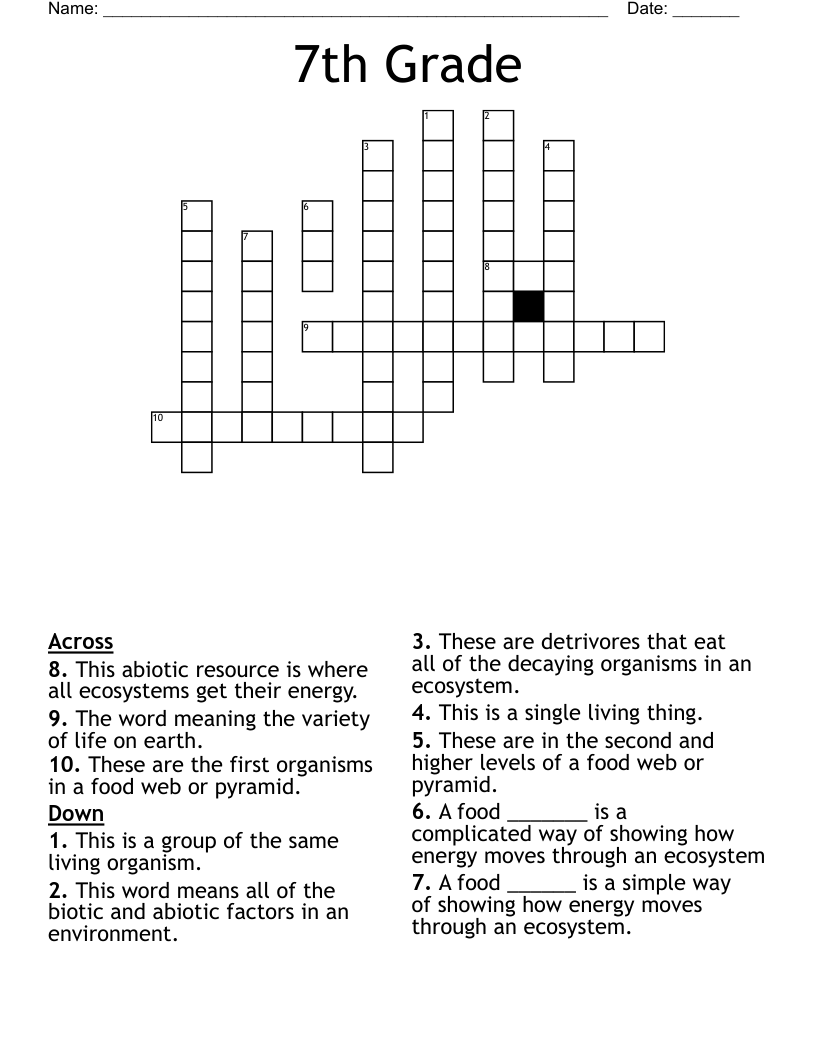 7th Grade Crossword WordMint Worksheets Library