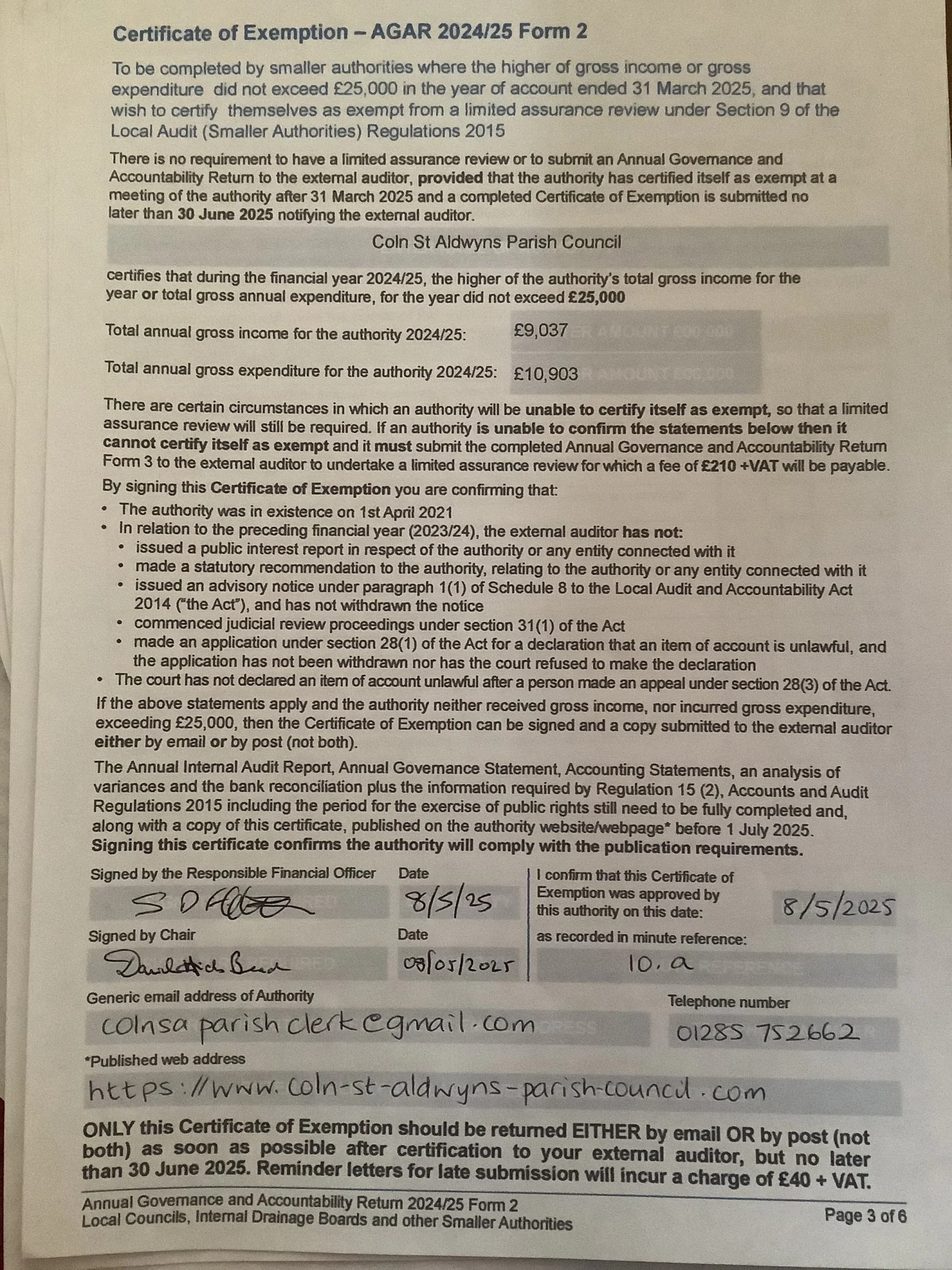 AGAR 2024 25 Coln St Aldwyns Parish Council