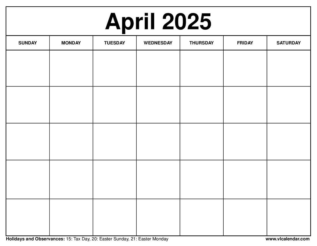Printable Blank April Calendar