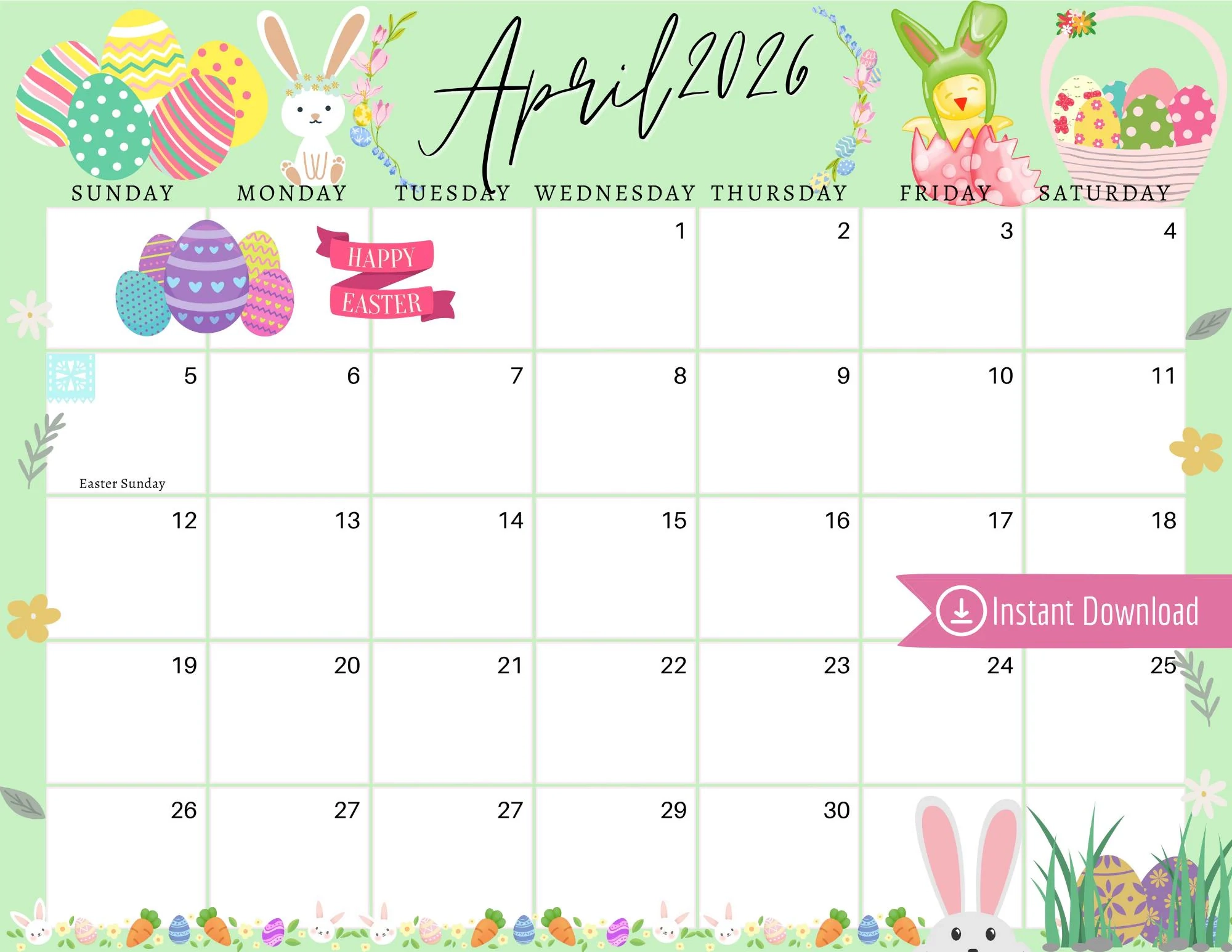 April 2026 Easter Sunday Calendar Mint Green Printable PDF PNG 