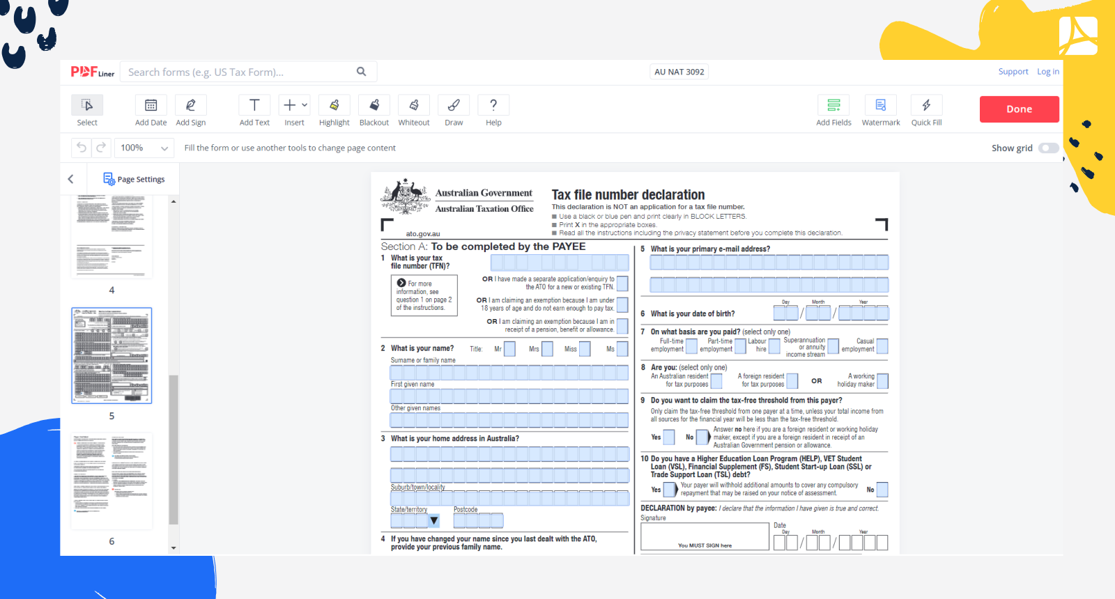 AU NAT 3092 Tax File Number Declaration Blank Sign Online PDFliner