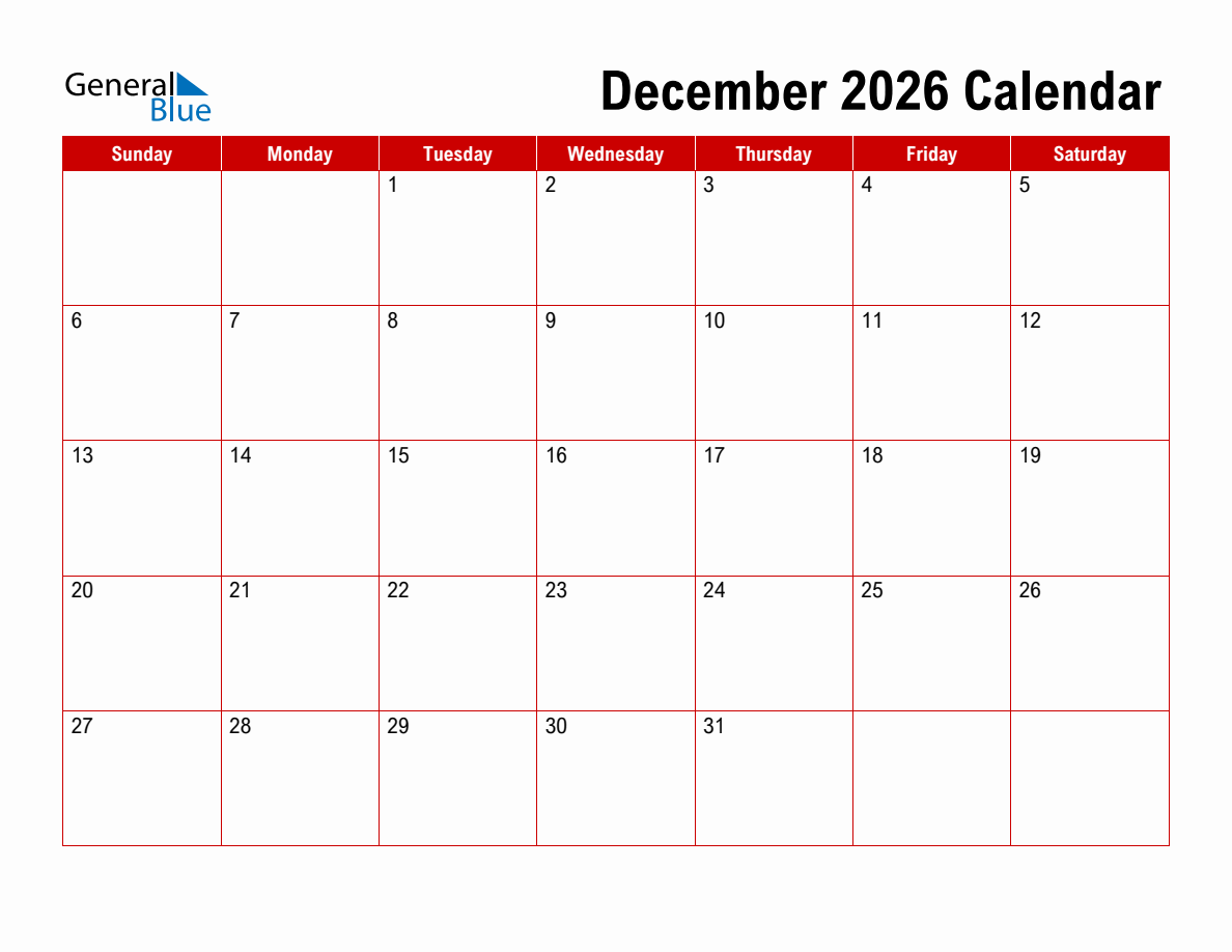 December 2026 Printable Calendar Blank