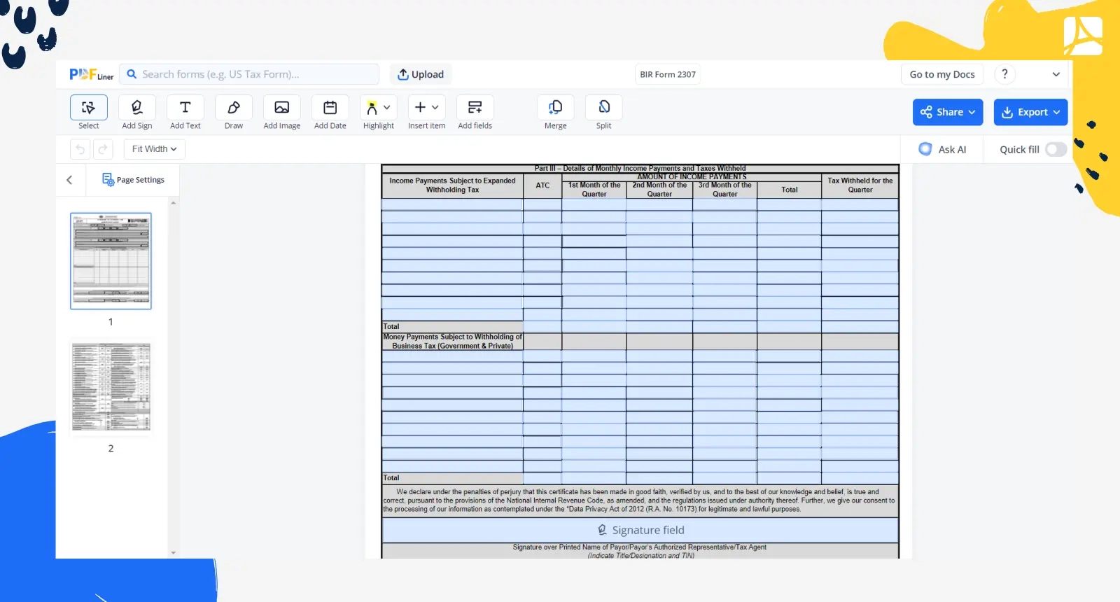 BIR Form 2307 Fillable BIR Form 2307 Online PDFLiner