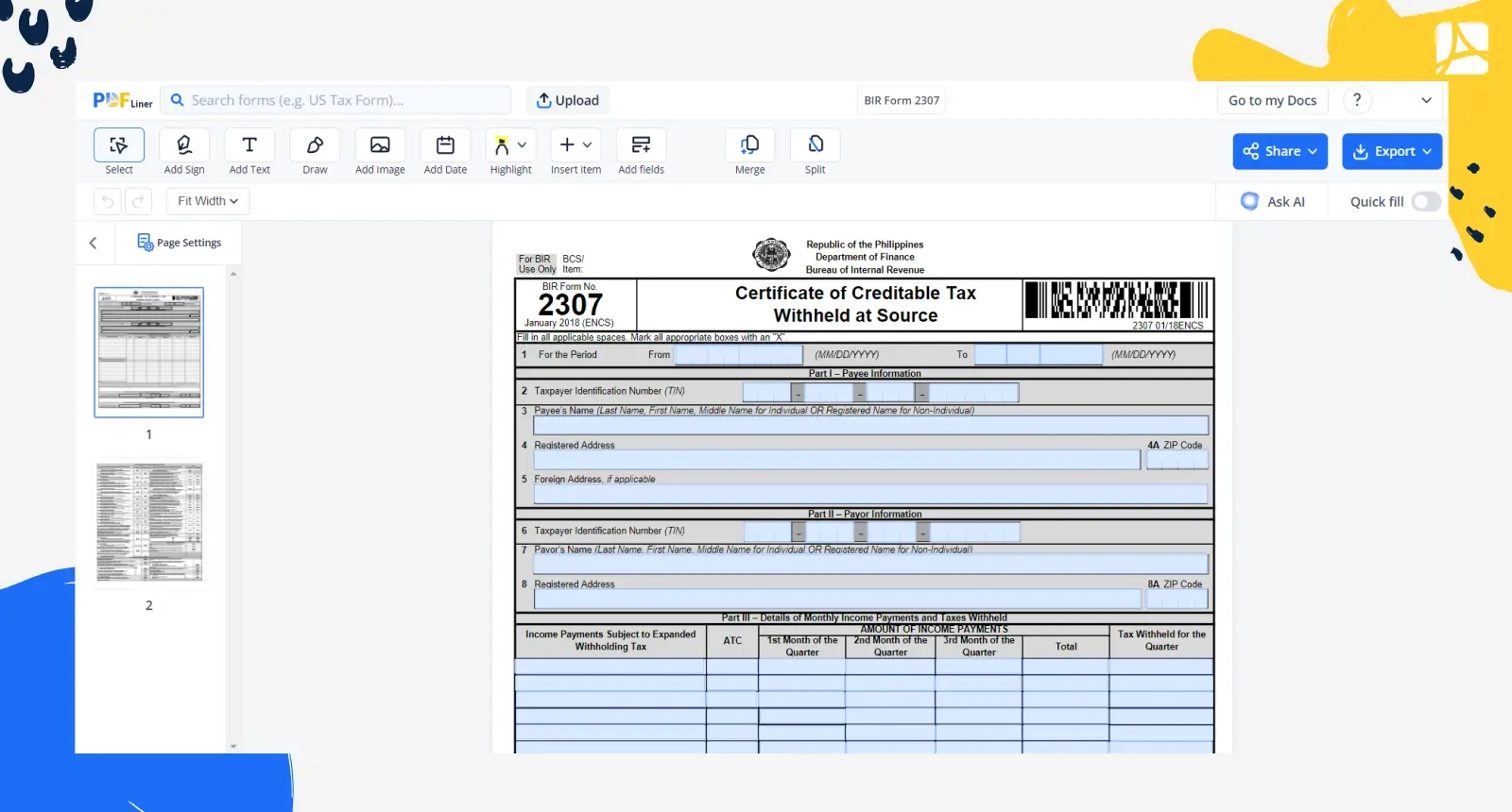BIR Form 2307 Fillable BIR Form 2307 Online PDFLiner