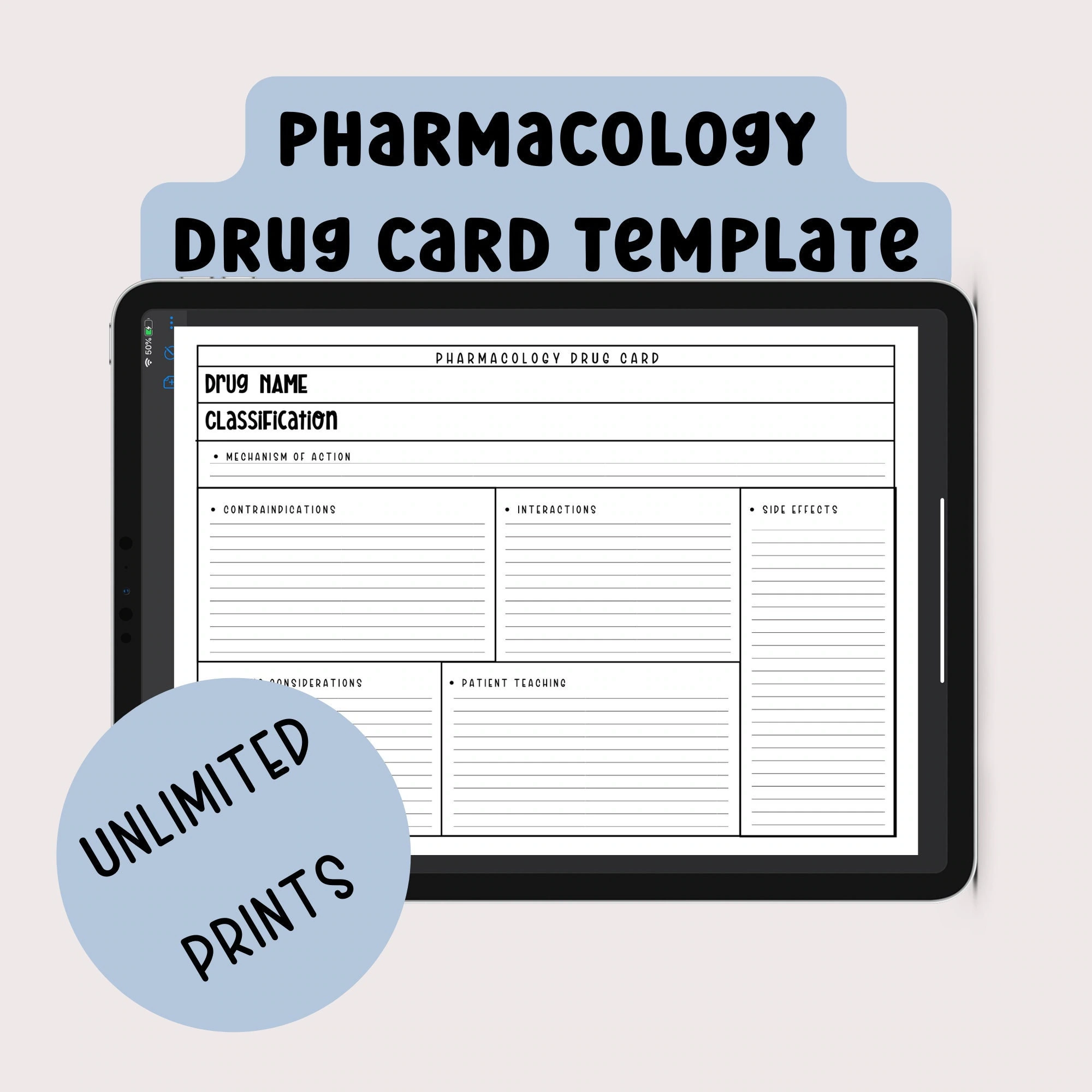 Buy Drug Card Printable Pharmacology Template Nursing School 