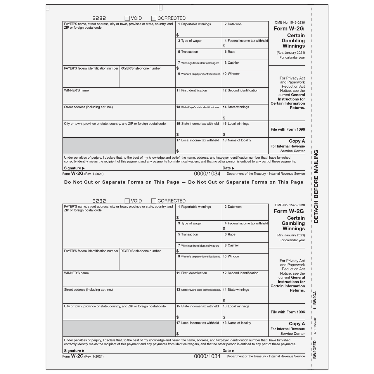 BW2GFED05 Form W 2G Certain Gambling Winnings Federal IRS Copy 