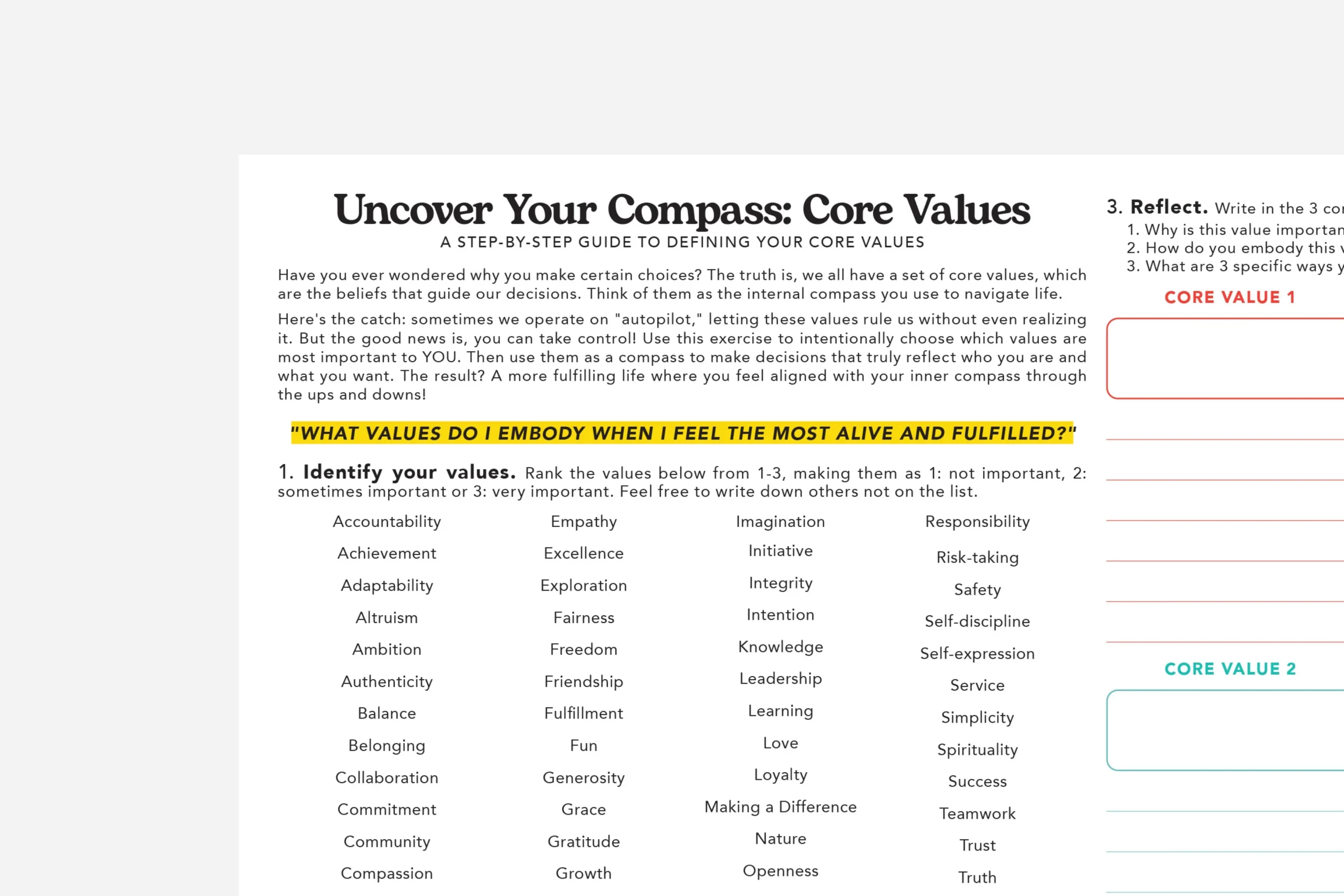 Free Printable Core Values Worksheet