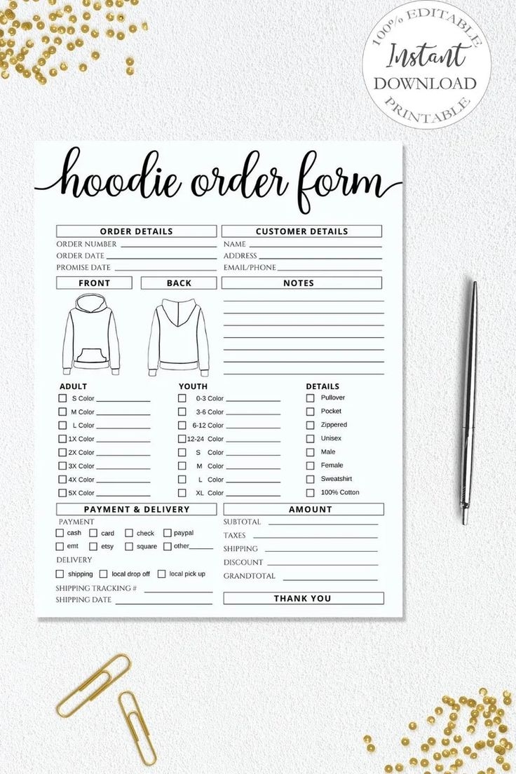 Custom Hoodoe Sweatshirt Order Form Template Free Printable Blank 