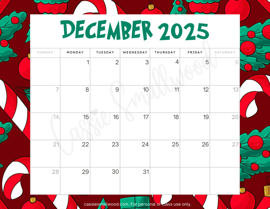 Snowy December Calendar 2025 Printable