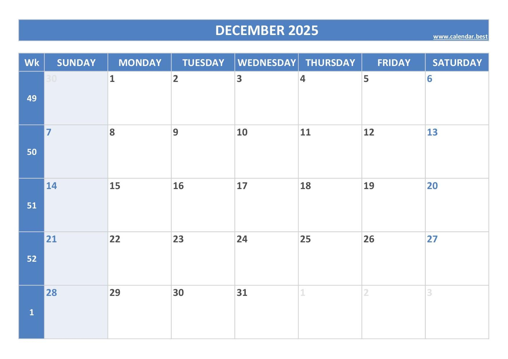 Printable Week Calendar December 2025