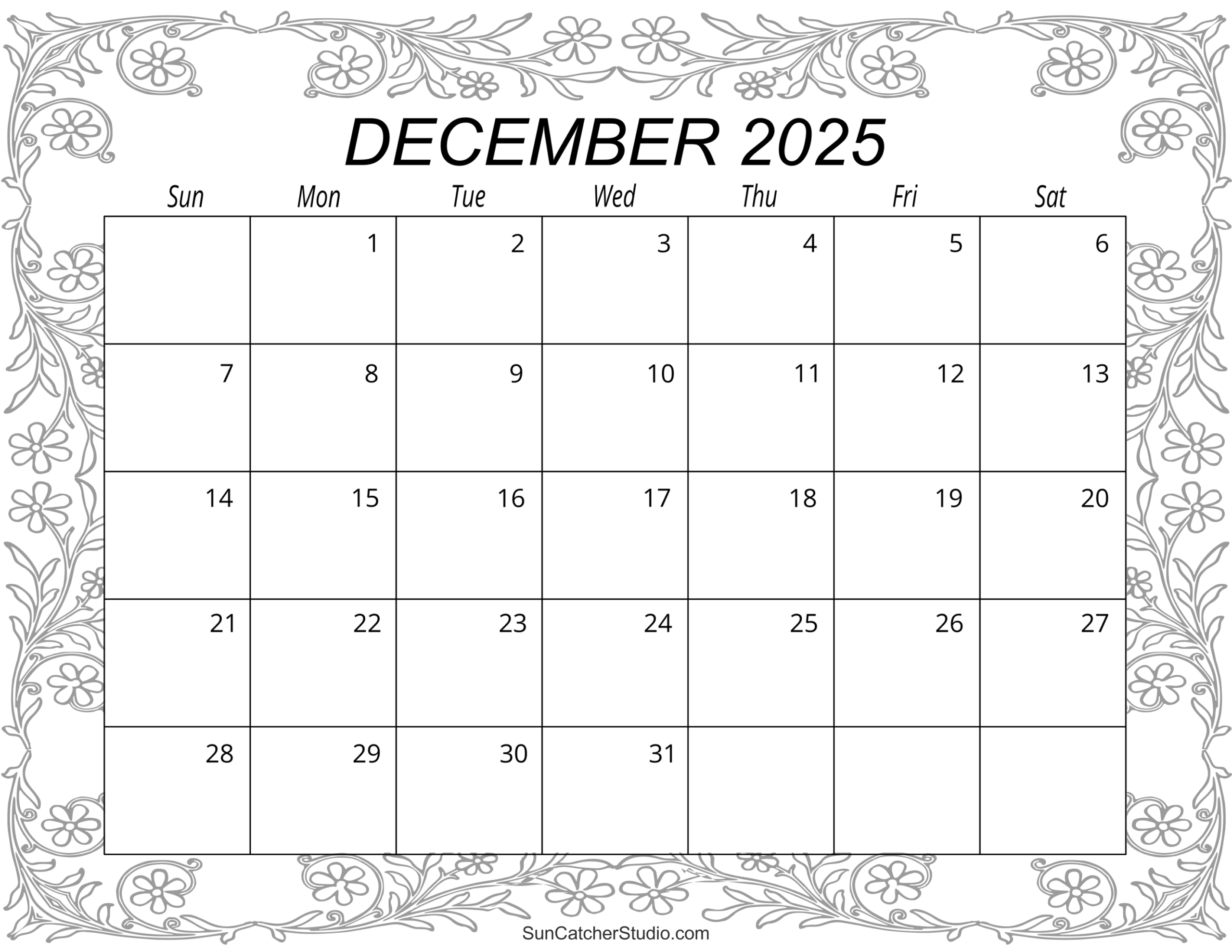 Month Calendar 2025 Printable December