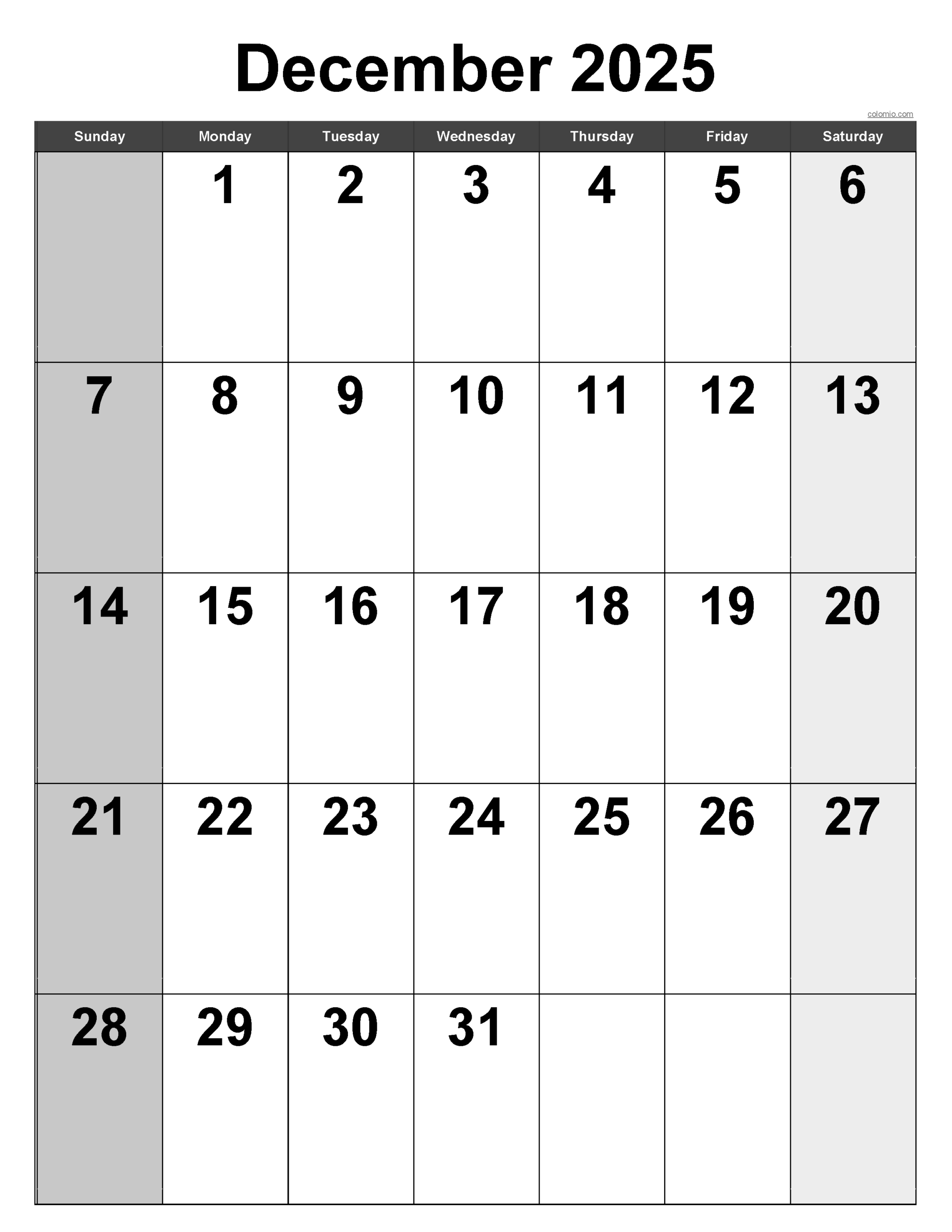 Vertical Printable December Calendar 2025
