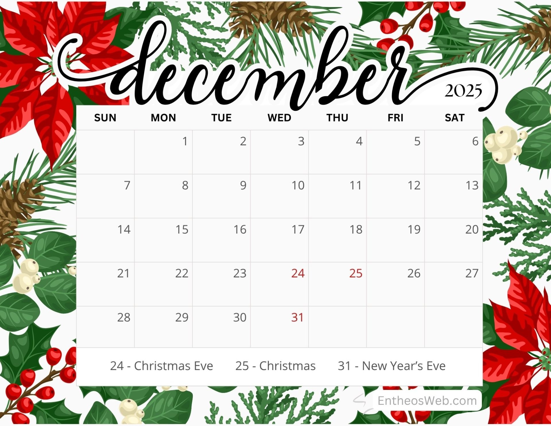 December 2025 Calendar Free Printables EntheosWeb