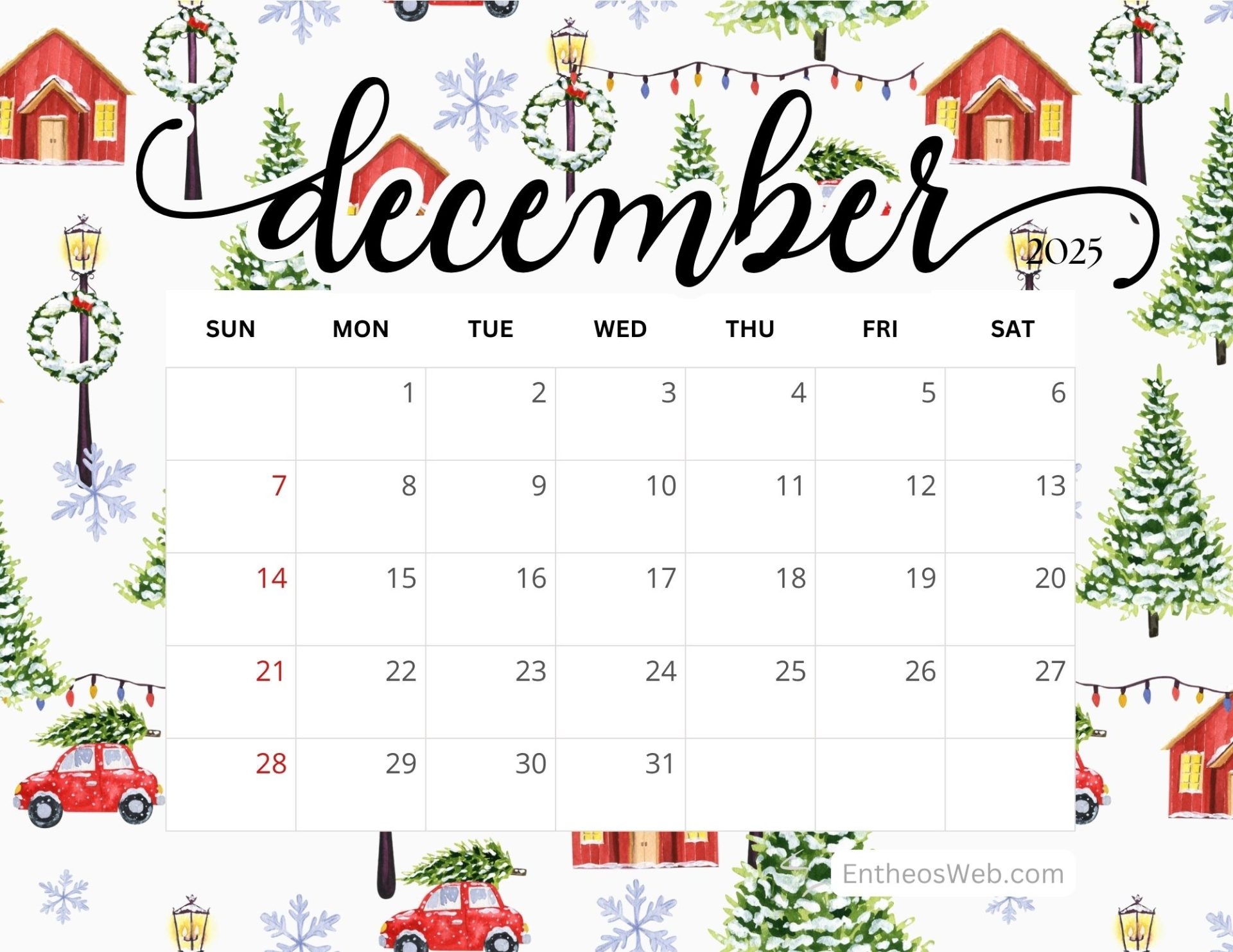 December 2025 Calendar With Snowman Printable