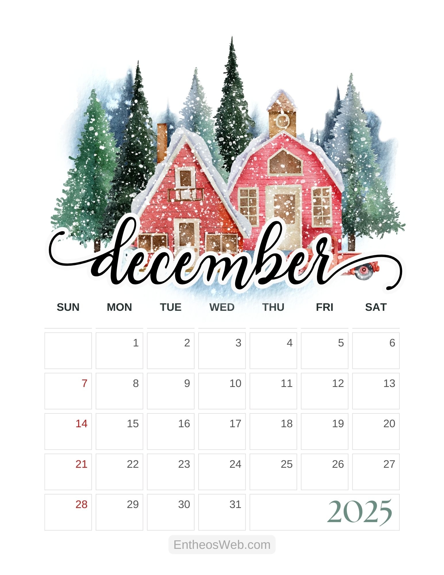 Printable December 2025 Calendar Trees