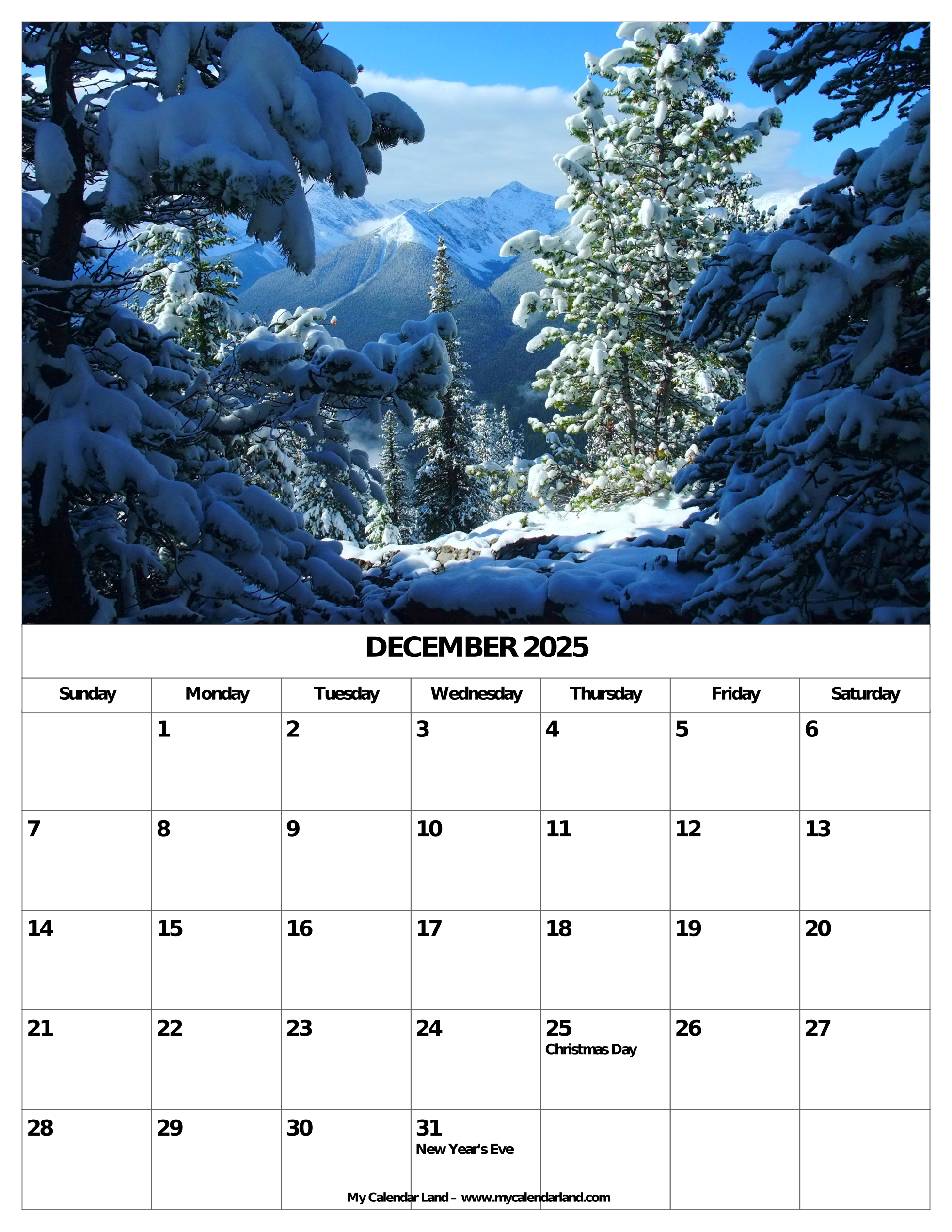 December 2025 Calendar My Calendar Land