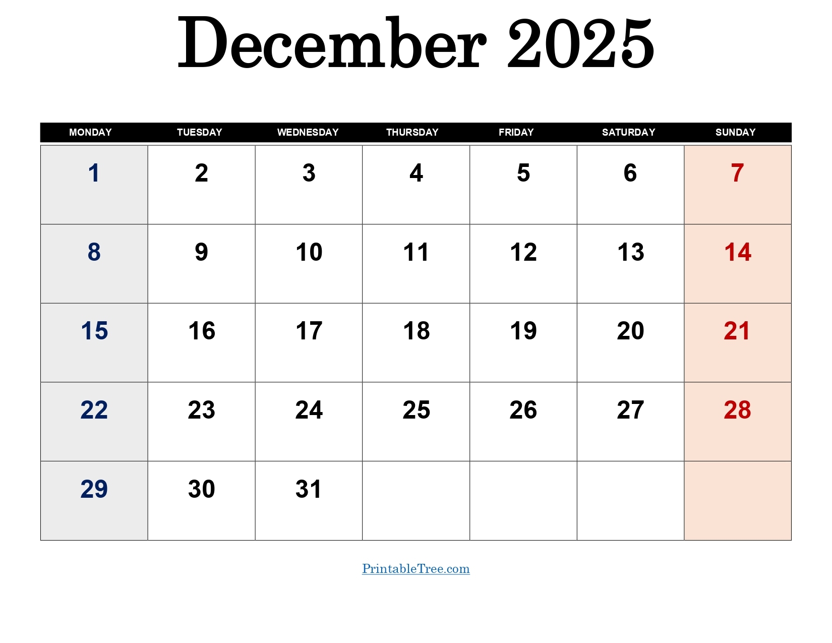 Printable December 2025 Calendar Start Monday