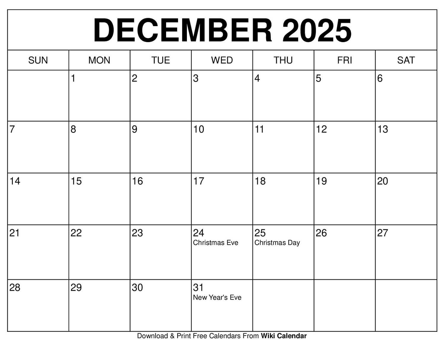 Free Printable Christmas December 2025 Calendar