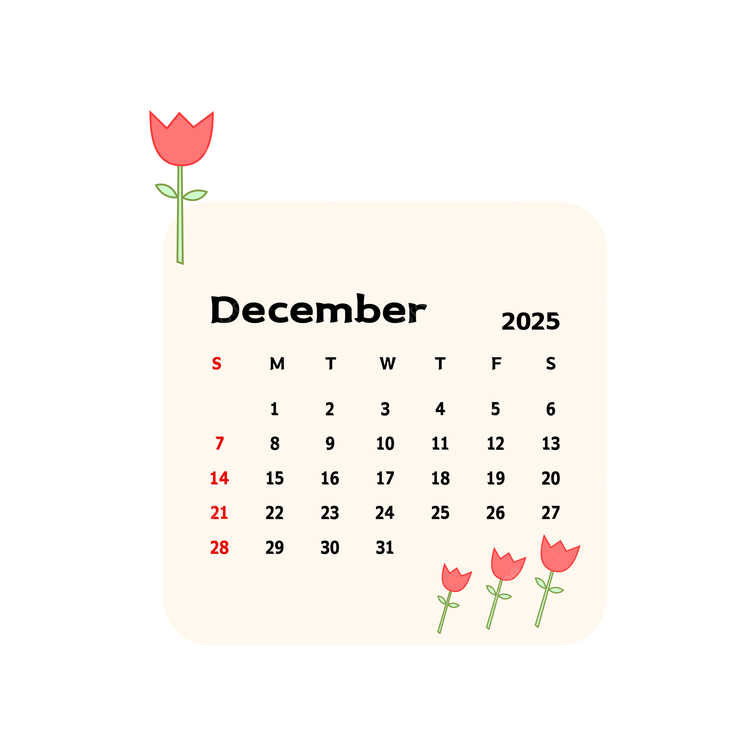 December 2025 Calendar With Cartoon Rose Flowers Vector Rose 