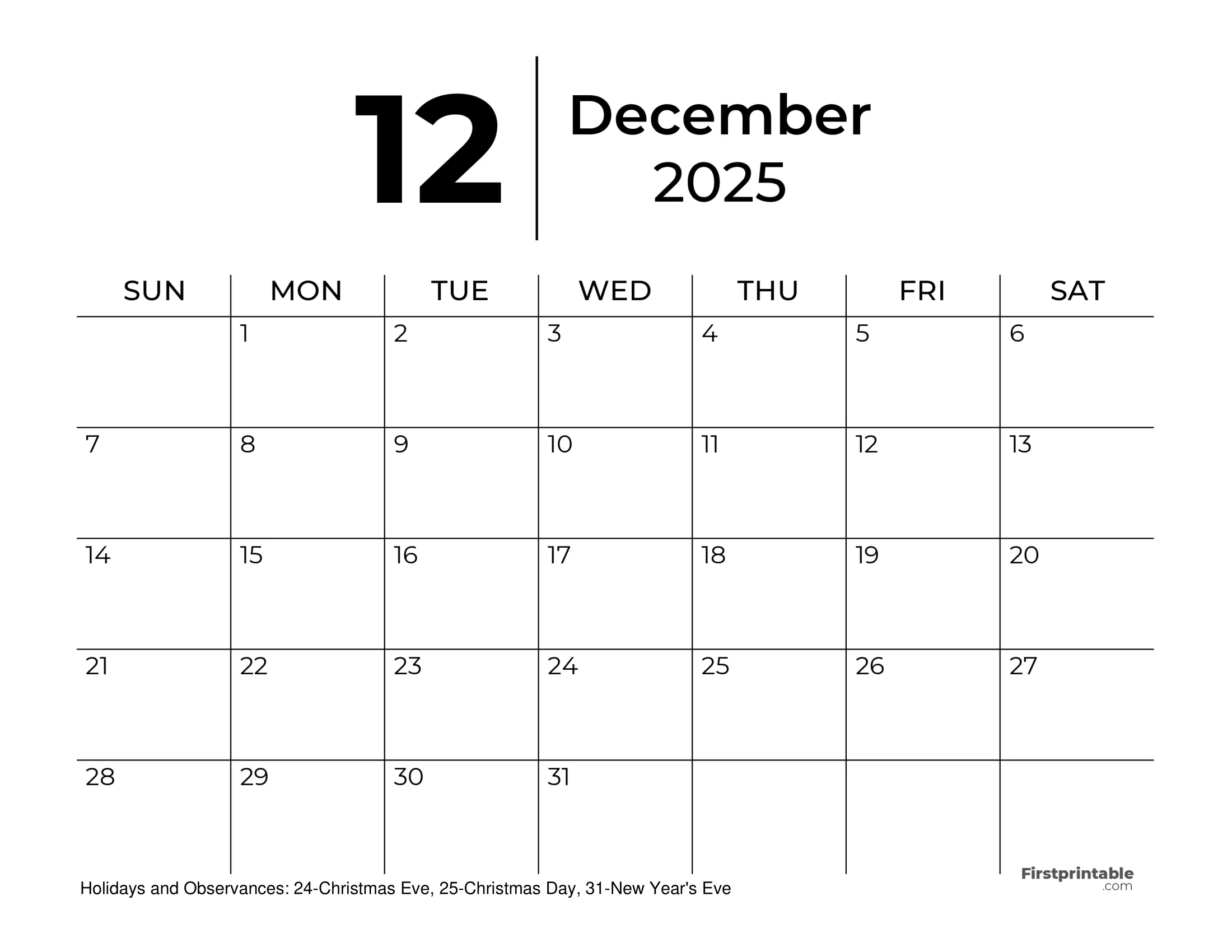 December 2025 Calendars Free Printable amp Fillable