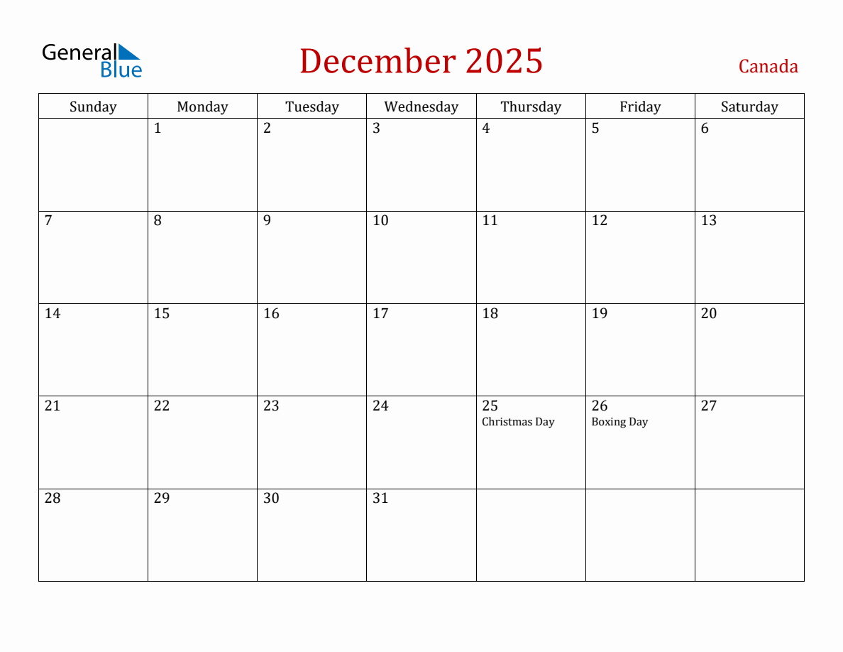 December 2025 Calendar Canada