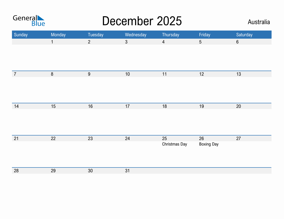 December 2025 Monthly Calendars With Australia Holidays