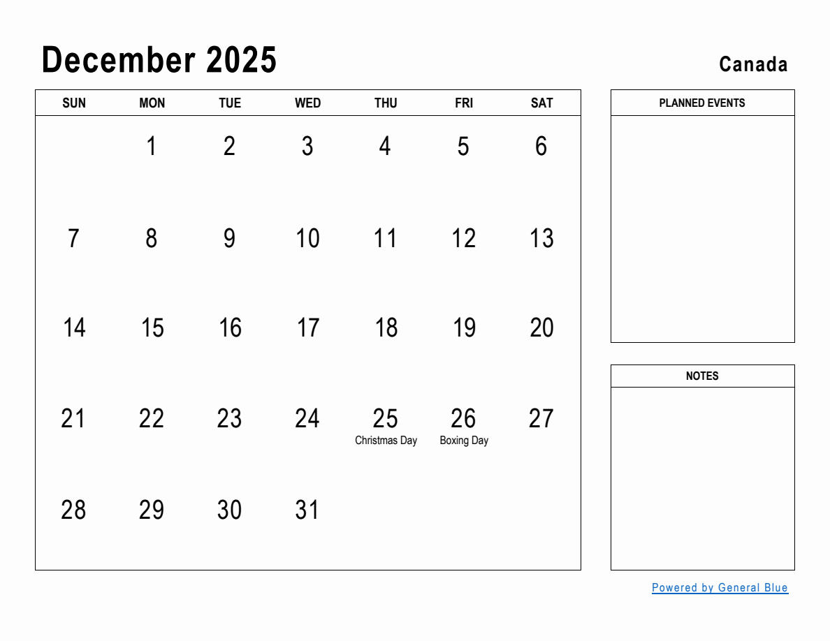 December 2025 Planner With Canada Holidays