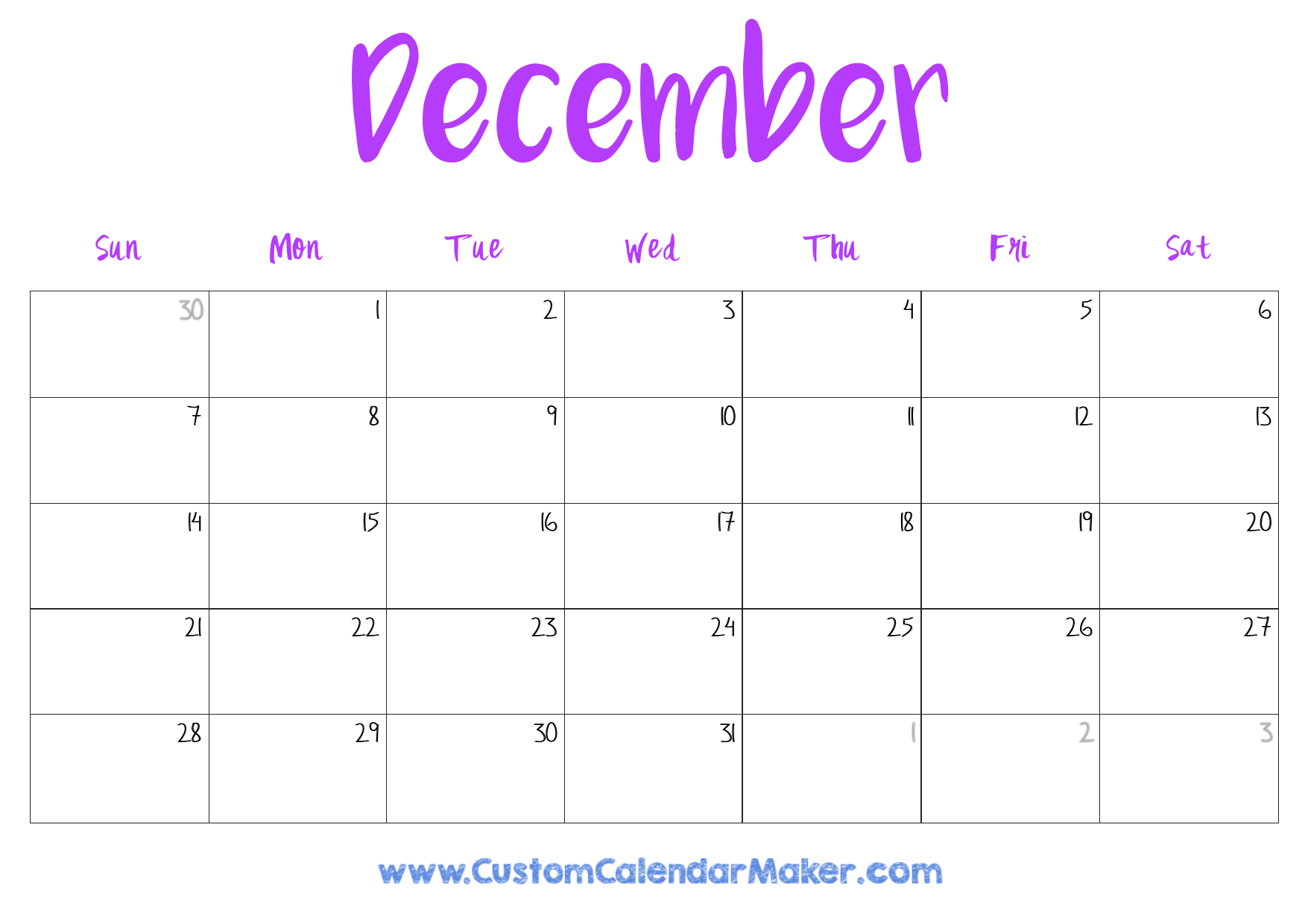Blank Calendar 2025 December Printable