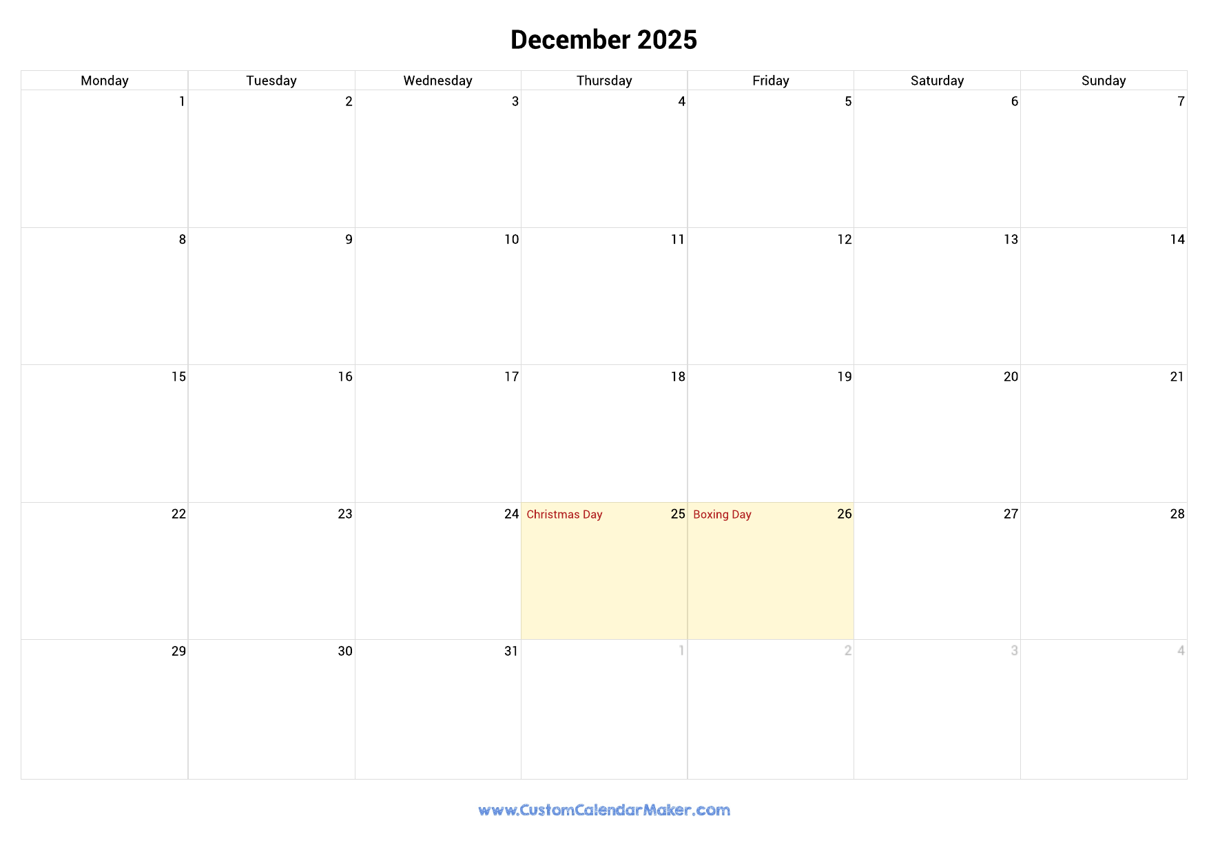 December 2025 Calendar Uk Printable