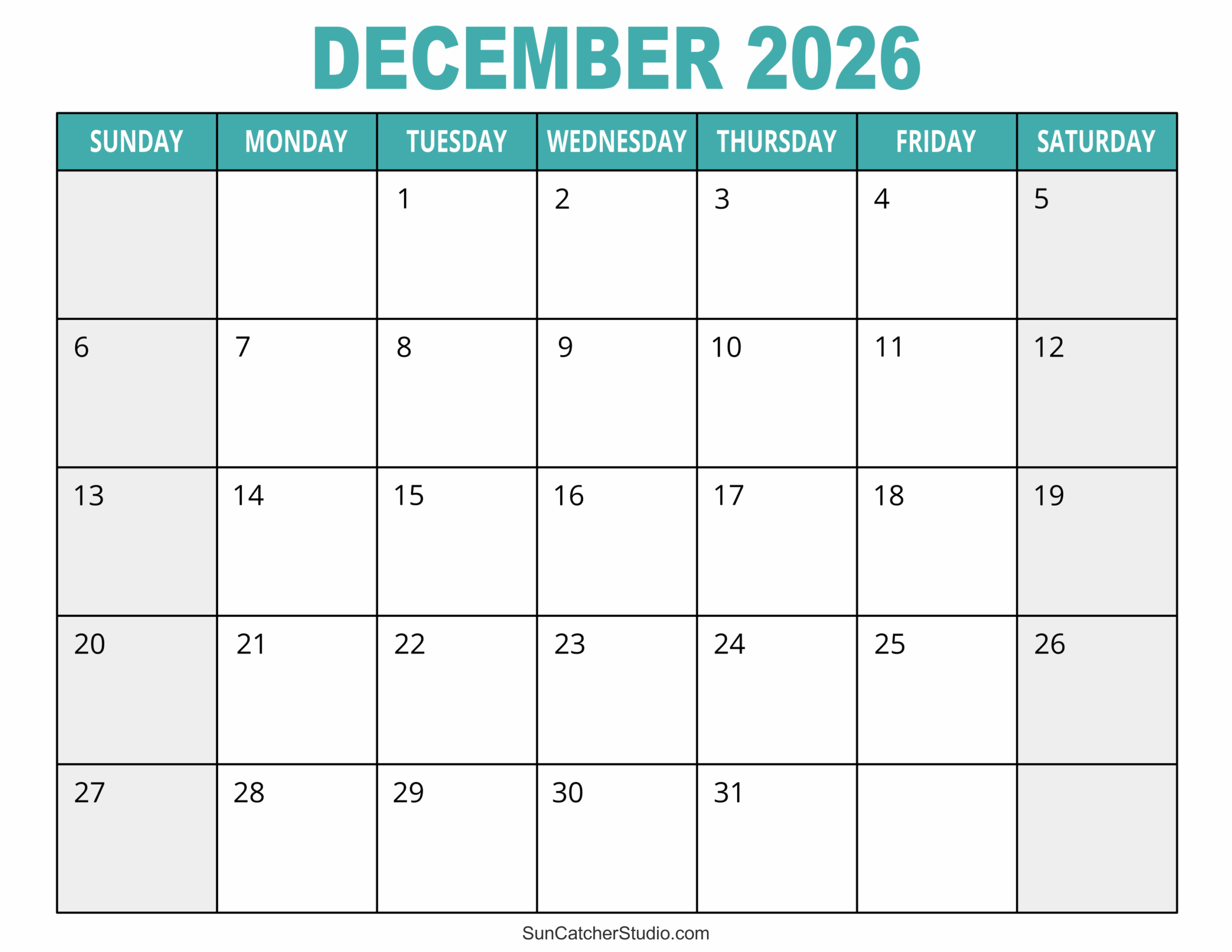 Blank December 2026 Printable Calendar