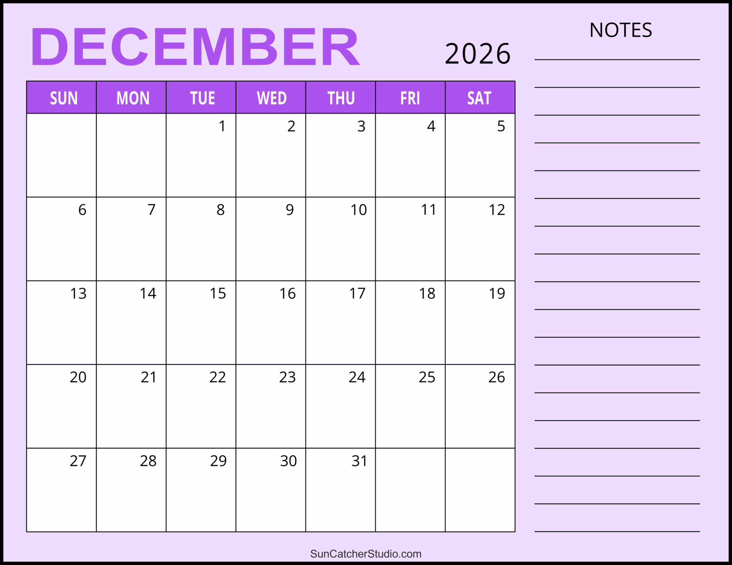 Printable Blank December Calendar 2026