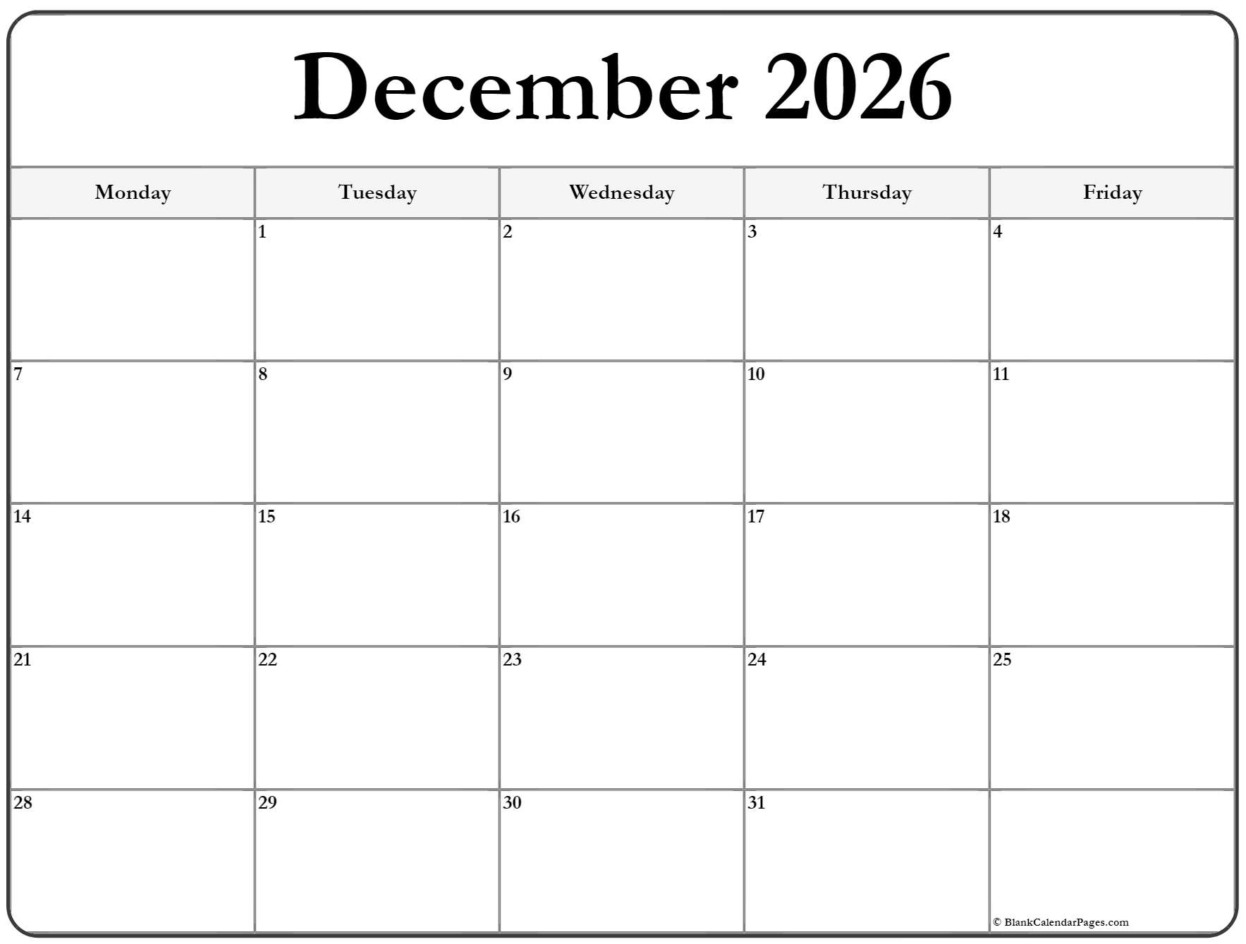 Blank Calendar December 2026 Printable