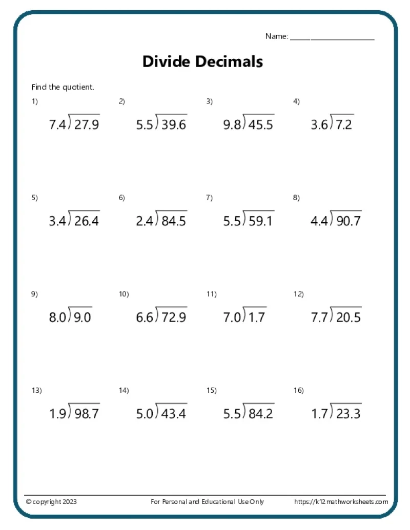 Printable Division Worksheets Grade 6
