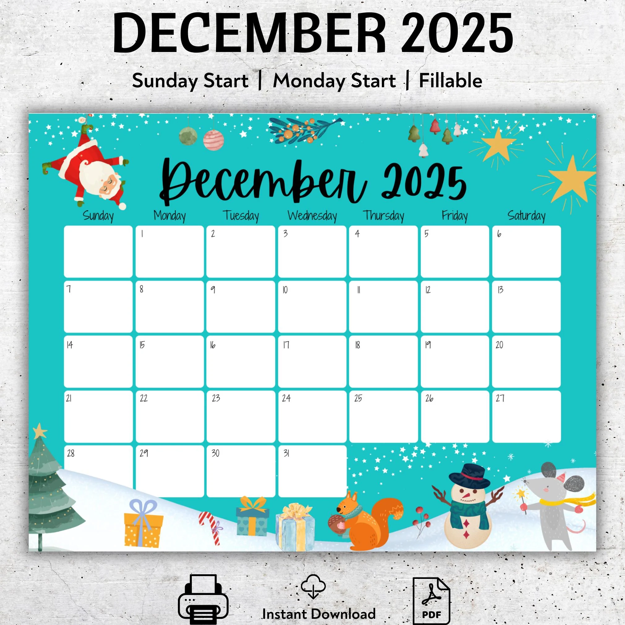 EDITABLE December 2025 Calendar Beautiful Winter Cute Snowman 