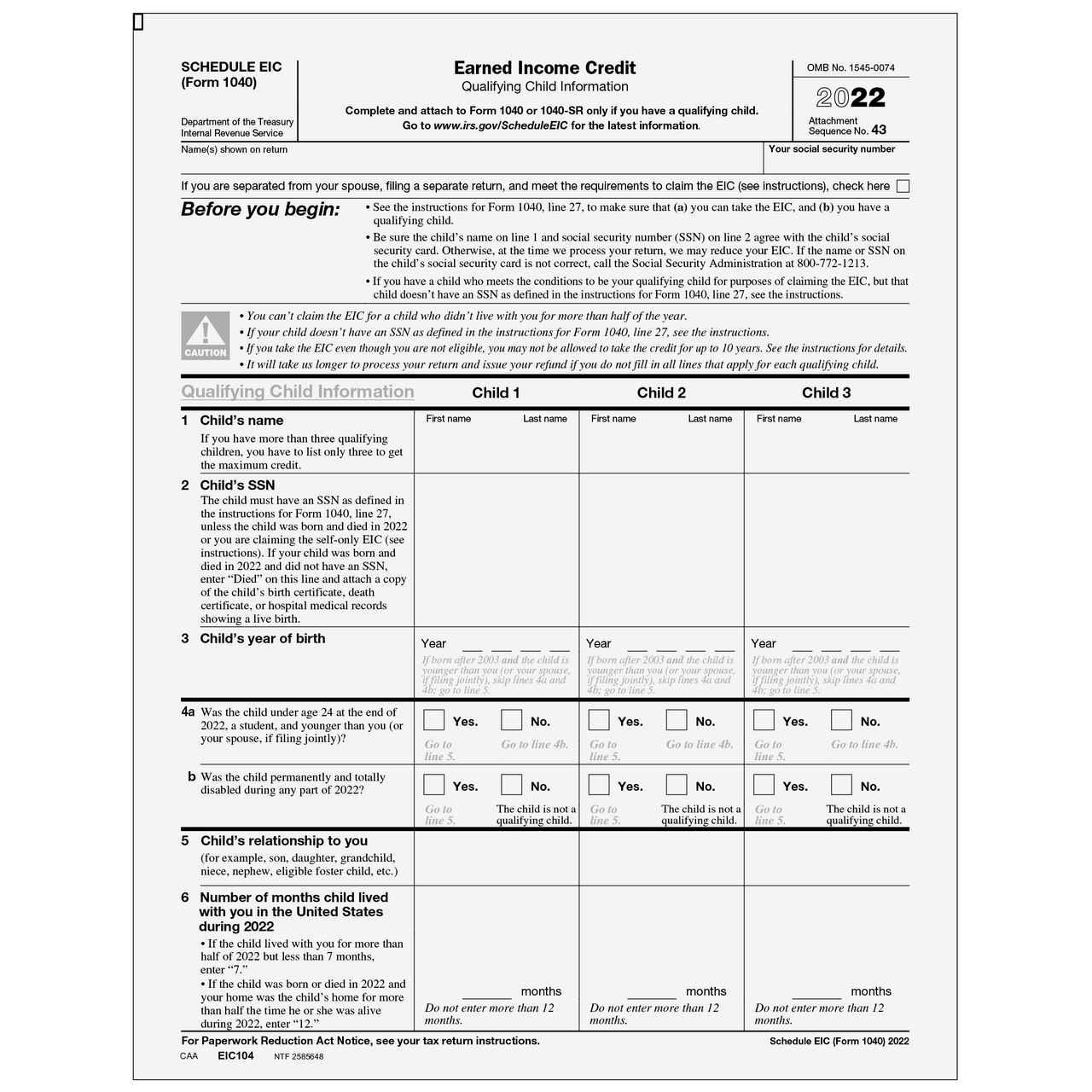 EIC104 Form 1040 Schedule EIC Earned Income Credit Worksheets 