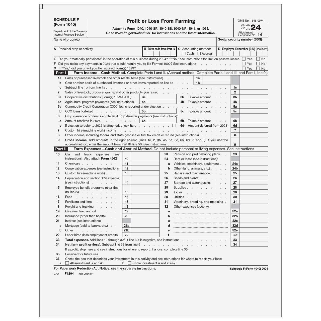 F1204 Form 1040 Schedule F Profit Or Loss From Farming Page 1 amp 2 