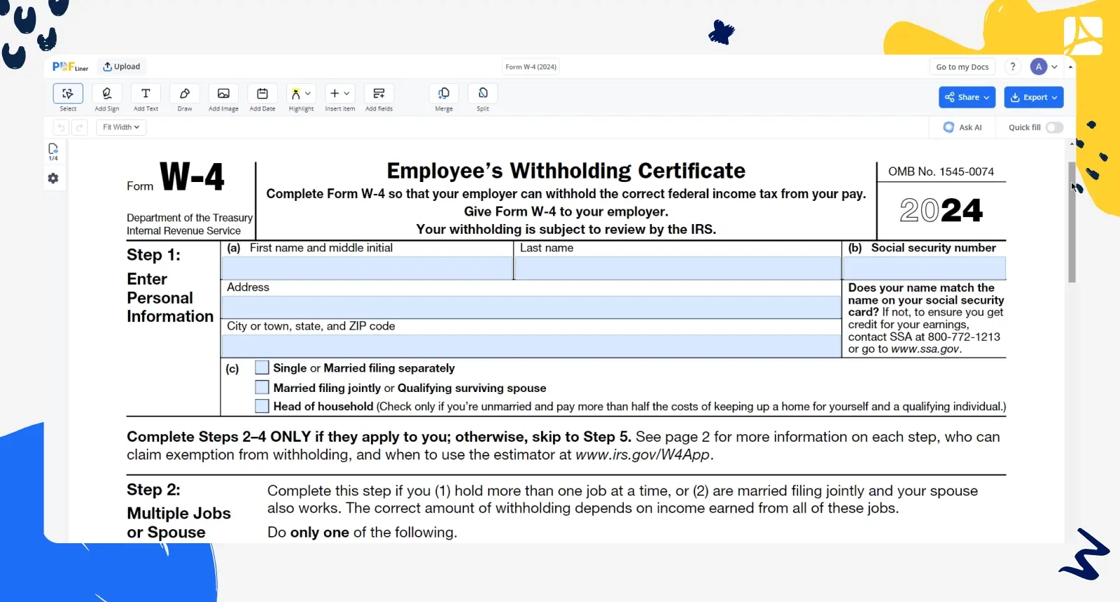 Fill Form W 4 2024 Online Simplify Tax Withholding PDFLiner 