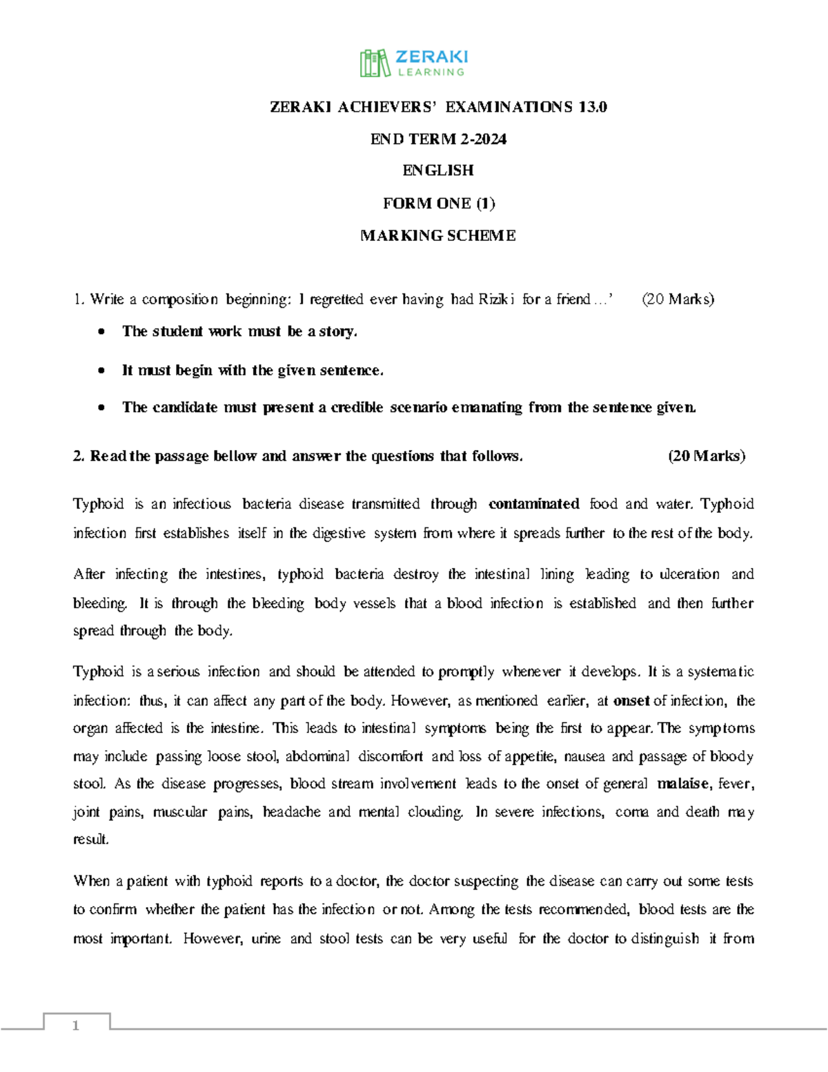 Form 1 English End Term 2 2024 Marking Scheme And Guidelines Studocu