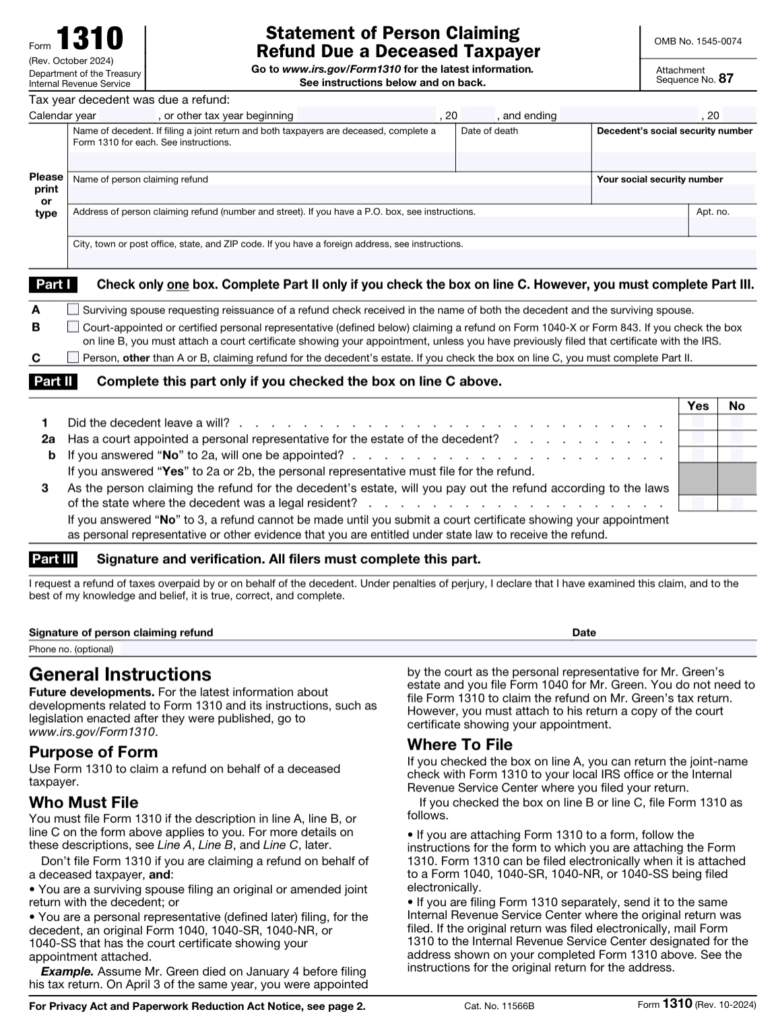 Form 1310 Claiming A Tax Refund For A Deceased Person 2025 
