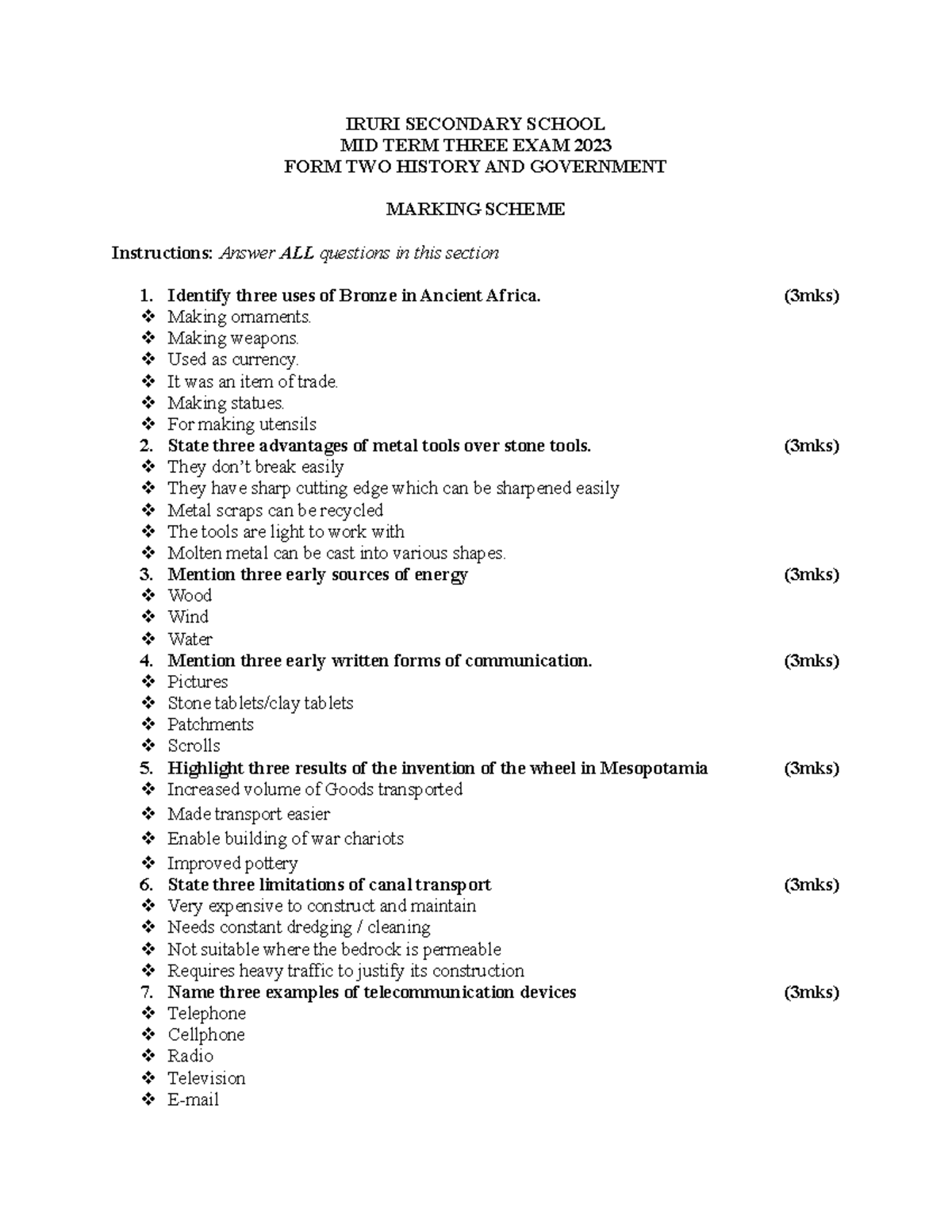 Form 2 History amp Government Midterm 3 2023 Marking Scheme Studocu