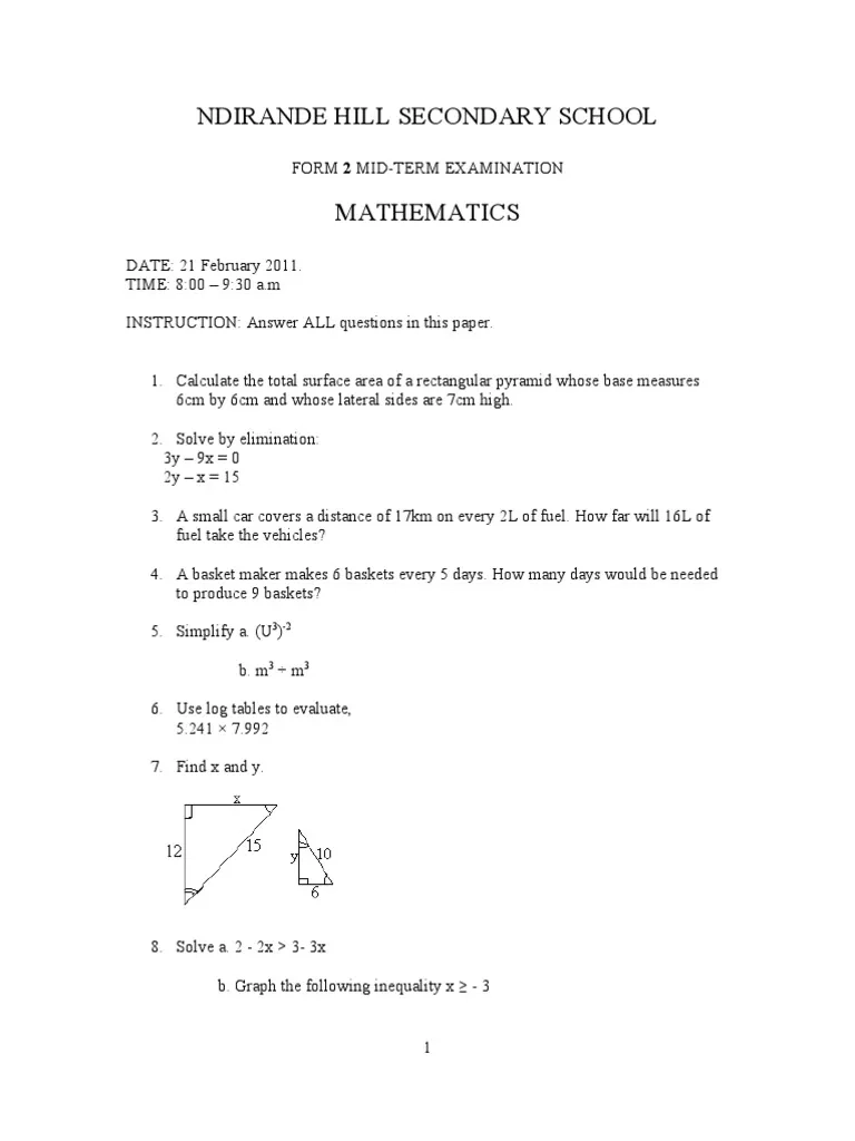 Form 2 Mid Term Mathematics Exams PDF